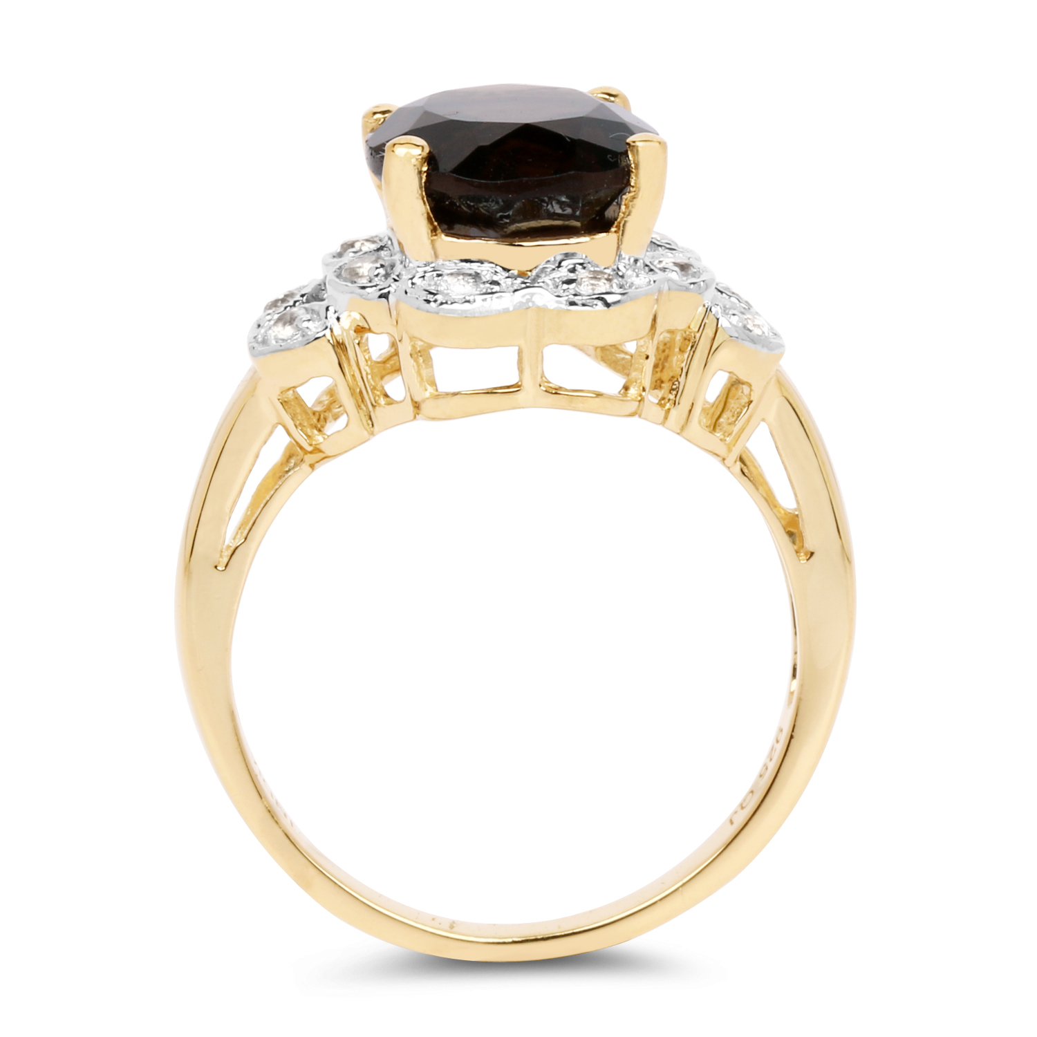 14K Yellow Gold Plated 3.25 Carat Genuine Smoky Quartz & White Topaz .925 Sterling Silver Ring
