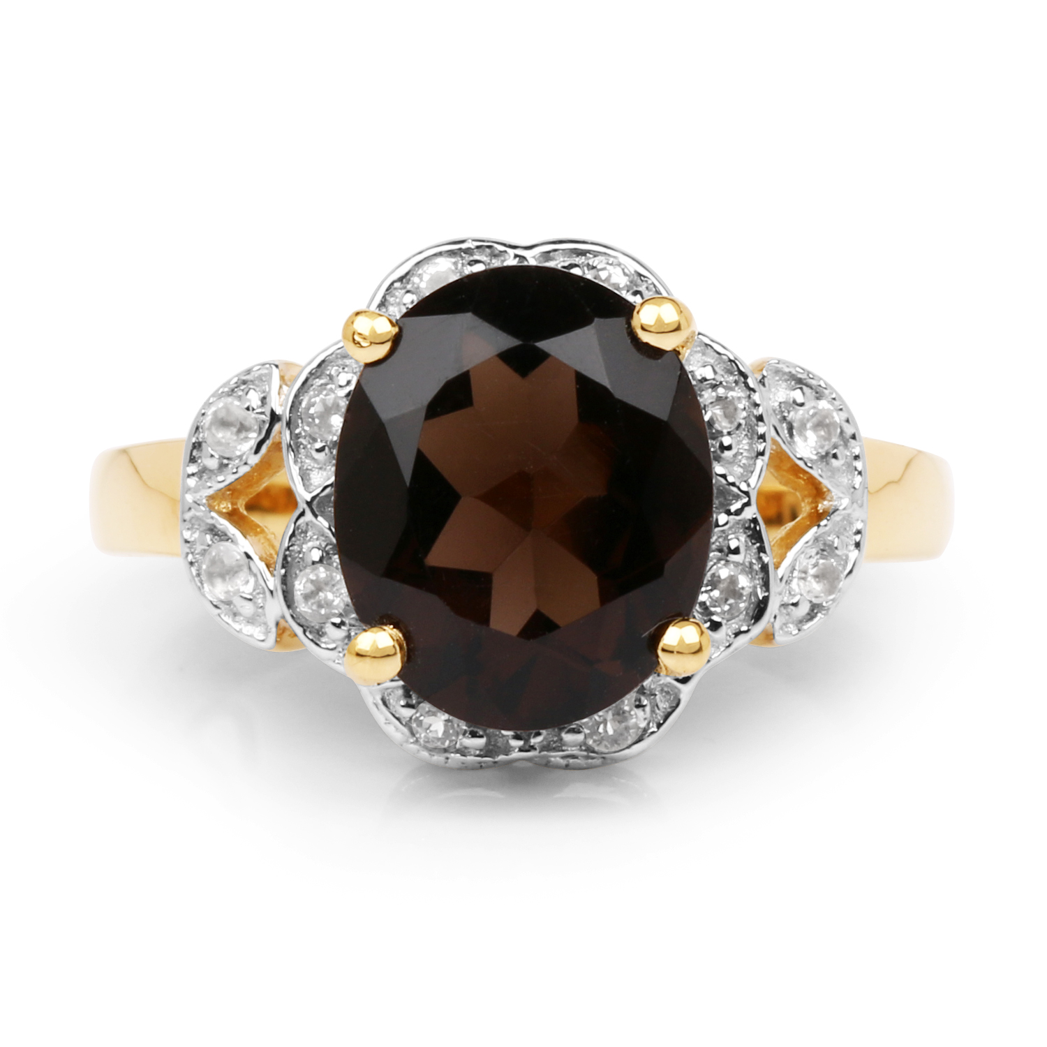 14K Yellow Gold Plated 3.25 Carat Genuine Smoky Quartz & White Topaz .925 Sterling Silver Ring