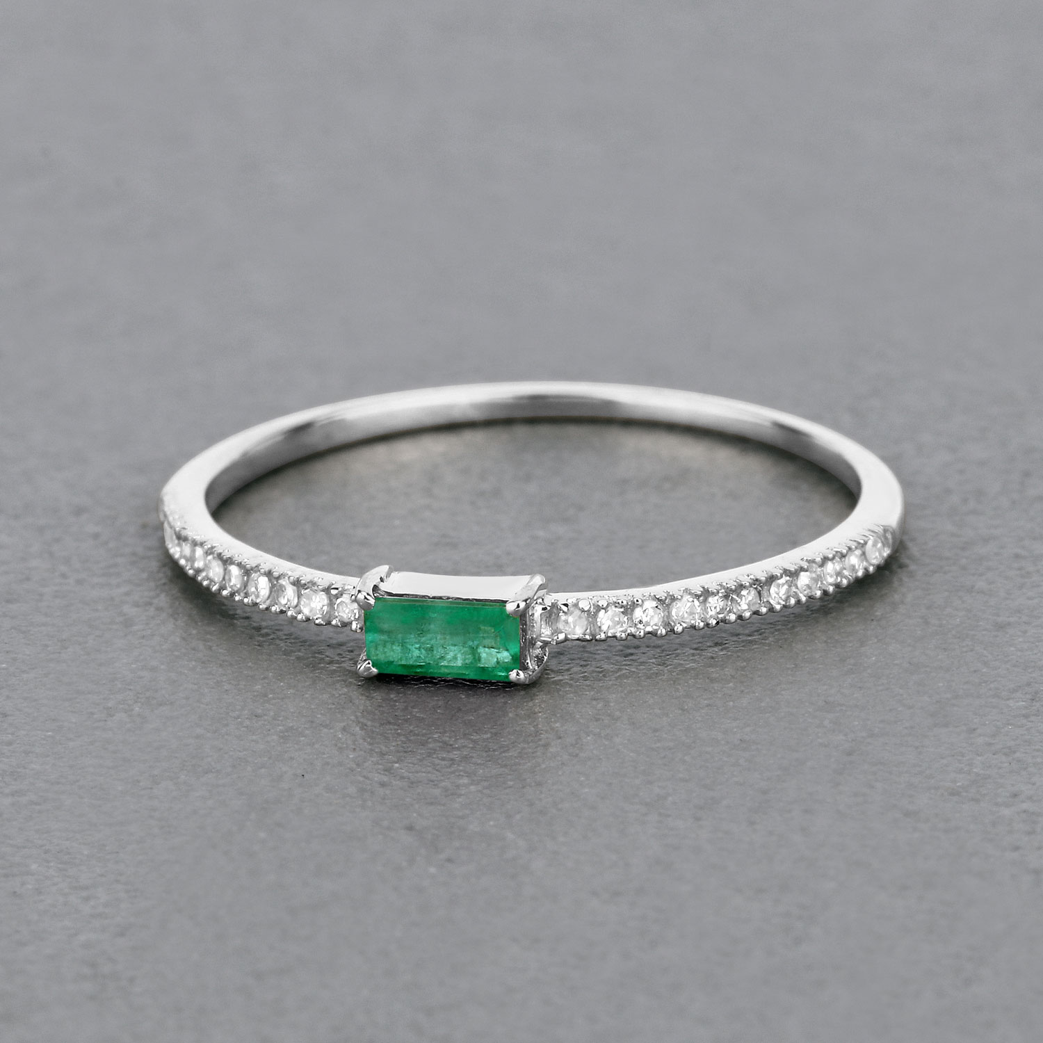 0.18 Carat Genuine Zambian Emerald and White Diamond 14K White Gold Ring