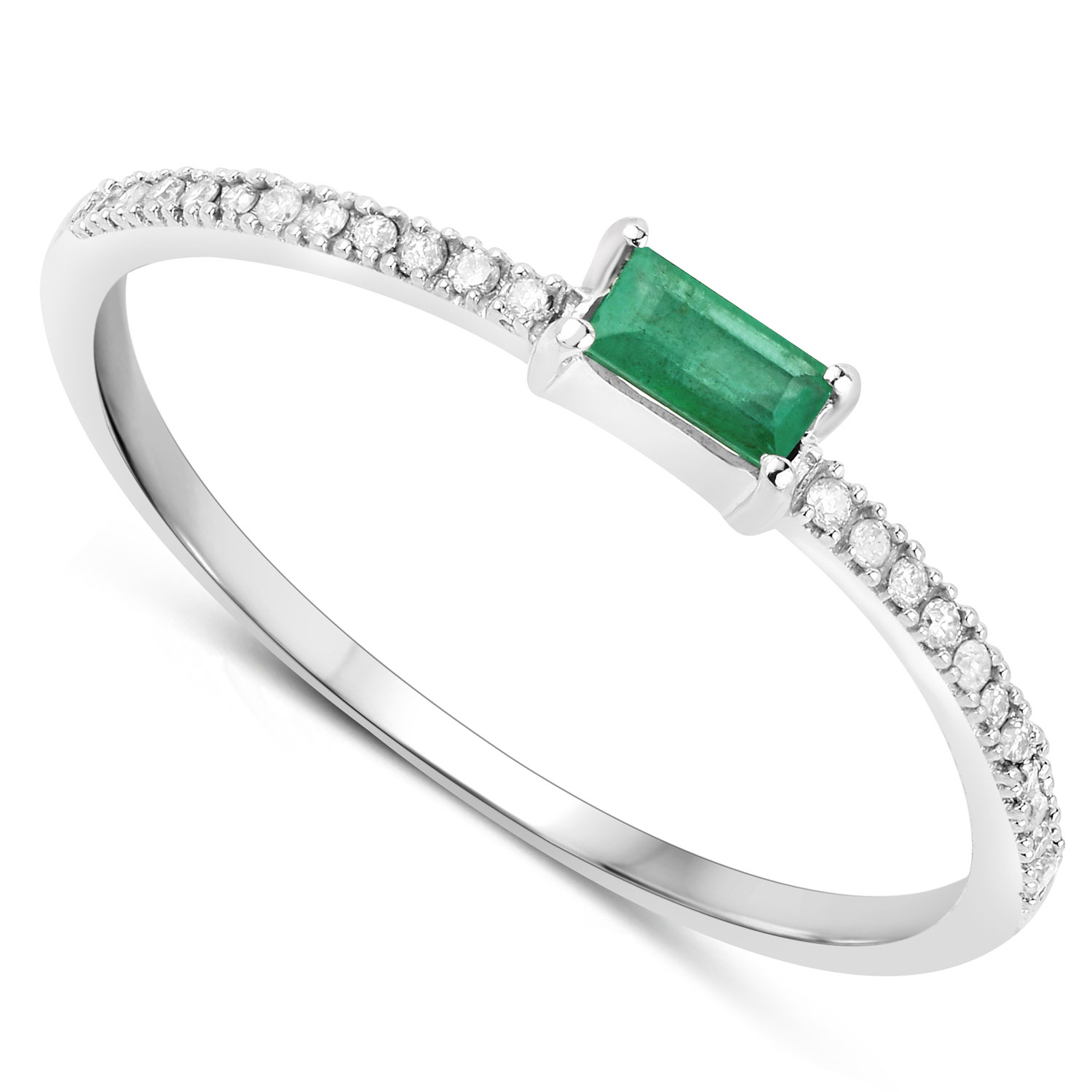0.18 Carat Genuine Zambian Emerald and White Diamond 14K White Gold Ring