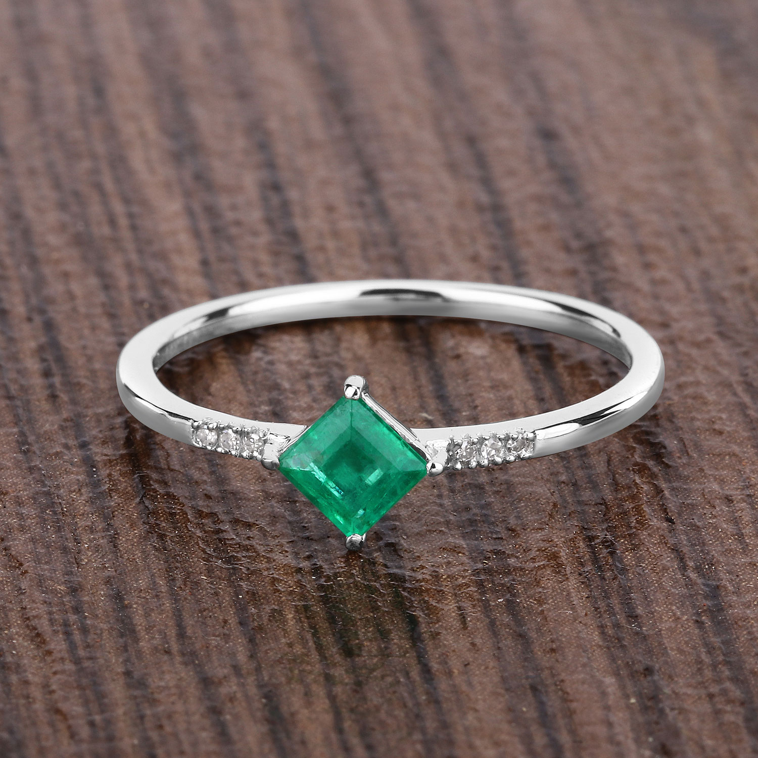 0.42 Carat Genuine Zambian Emerald and White Diamond 14K White Gold Ring