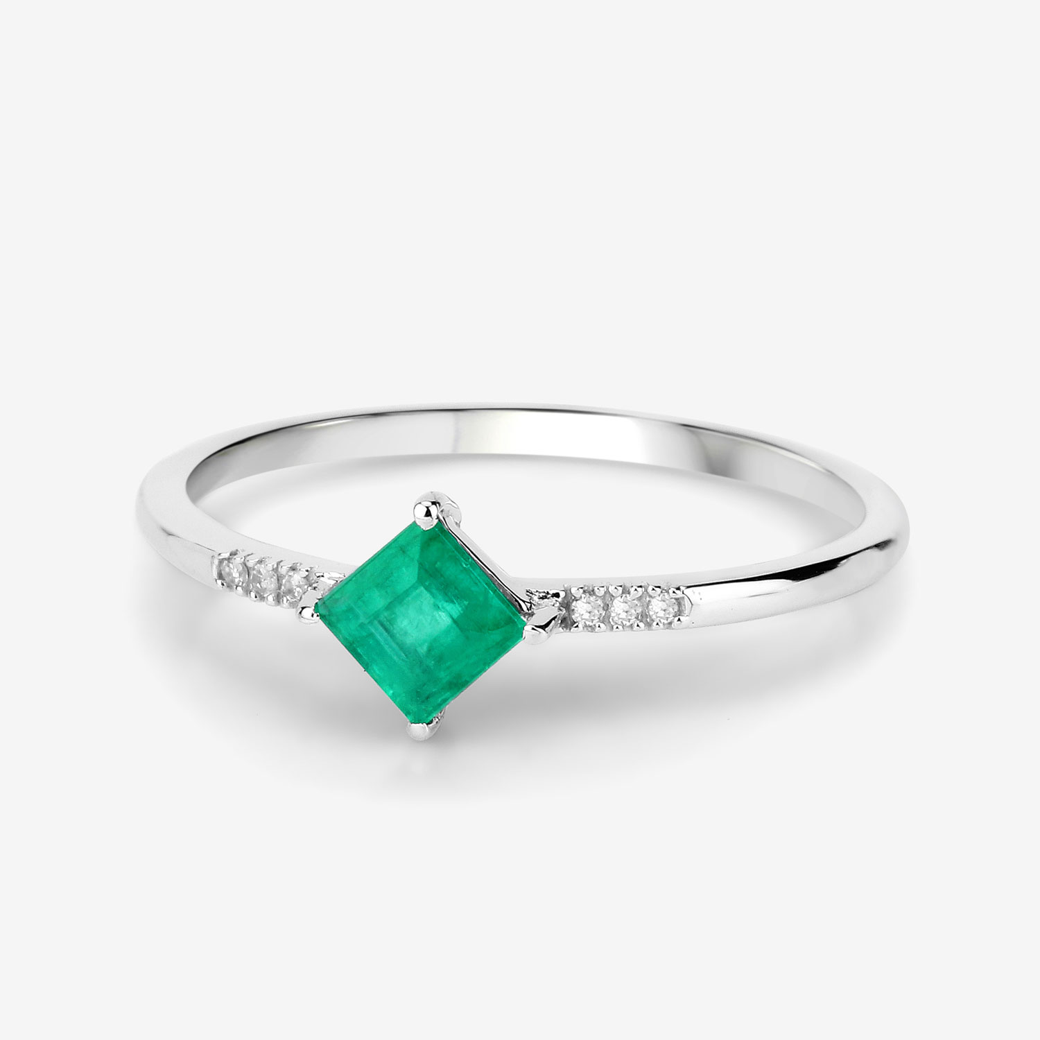 0.42 Carat Genuine Zambian Emerald and White Diamond 14K White Gold Ring