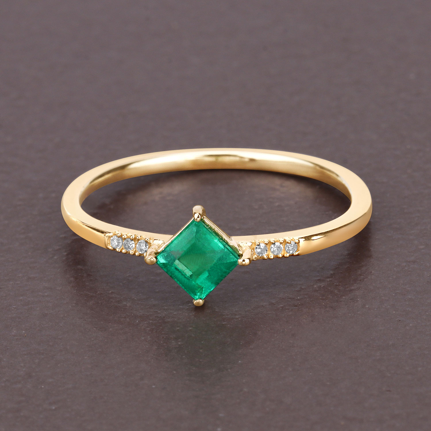 0.42 Carat Genuine Zambian Emerald and White Diamond 14K Yellow Gold Ring