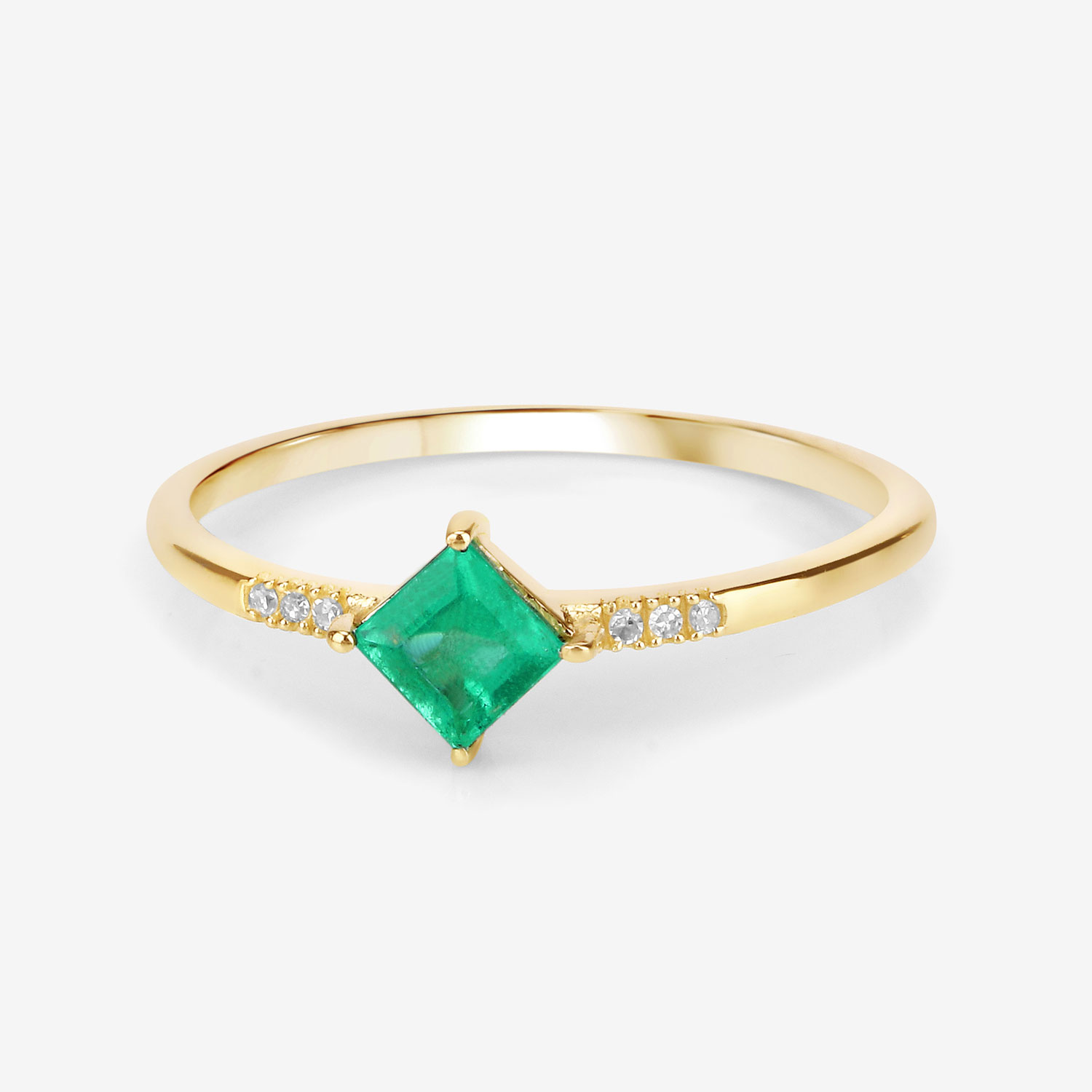 0.42 Carat Genuine Zambian Emerald and White Diamond 14K Yellow Gold Ring
