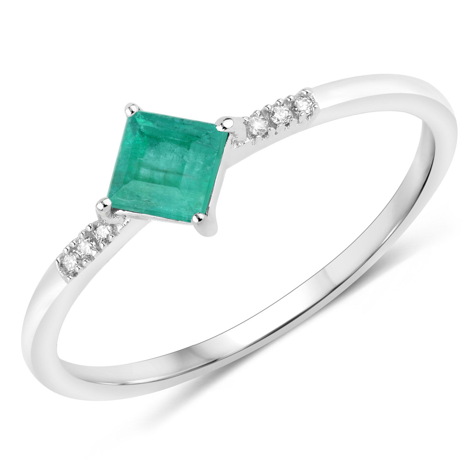 0.42 Carat Genuine Zambian Emerald and White Diamond 14K White Gold Ring