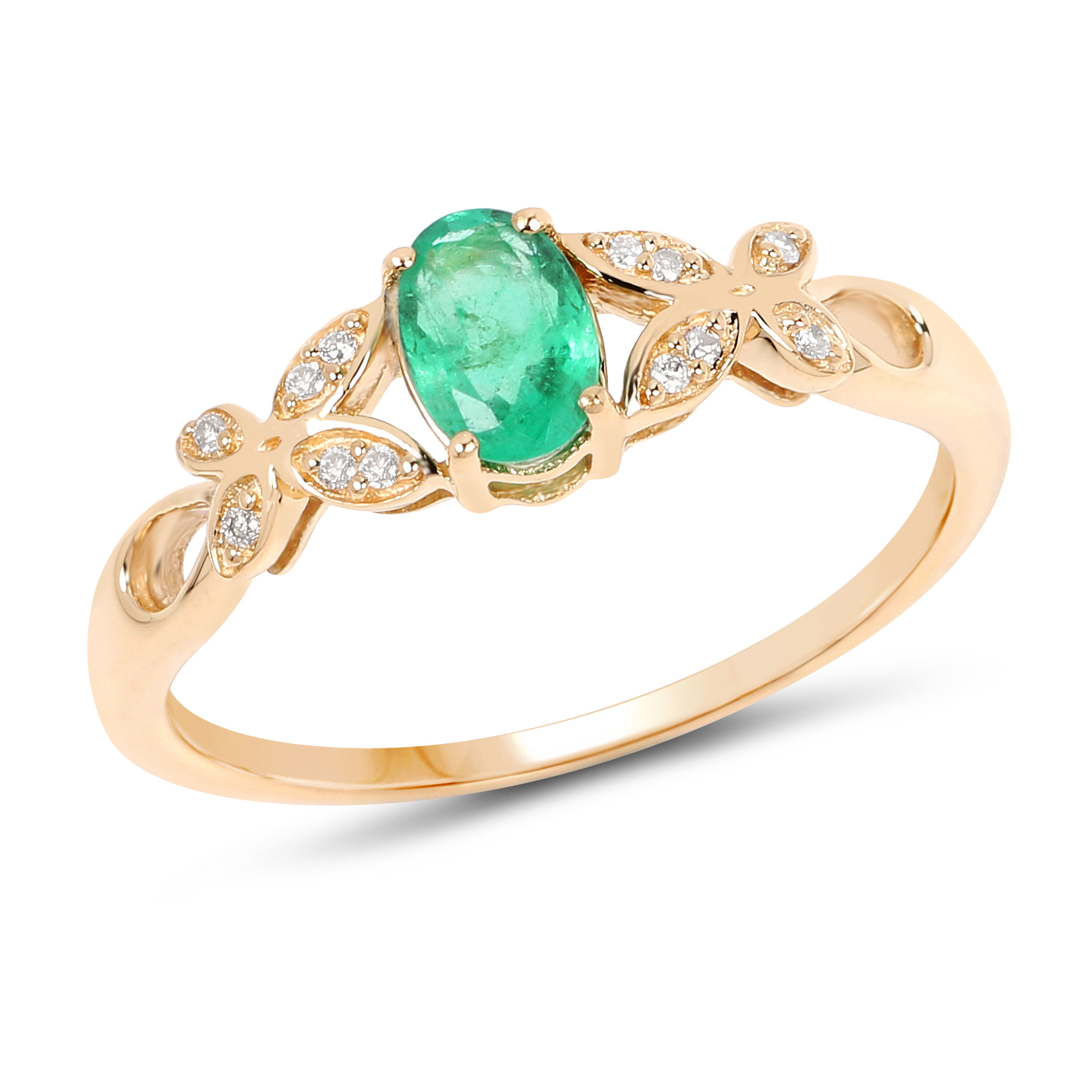 0.48 Carat Genuine Zambian Emerald and White Diamond 14K Yellow Gold Ring