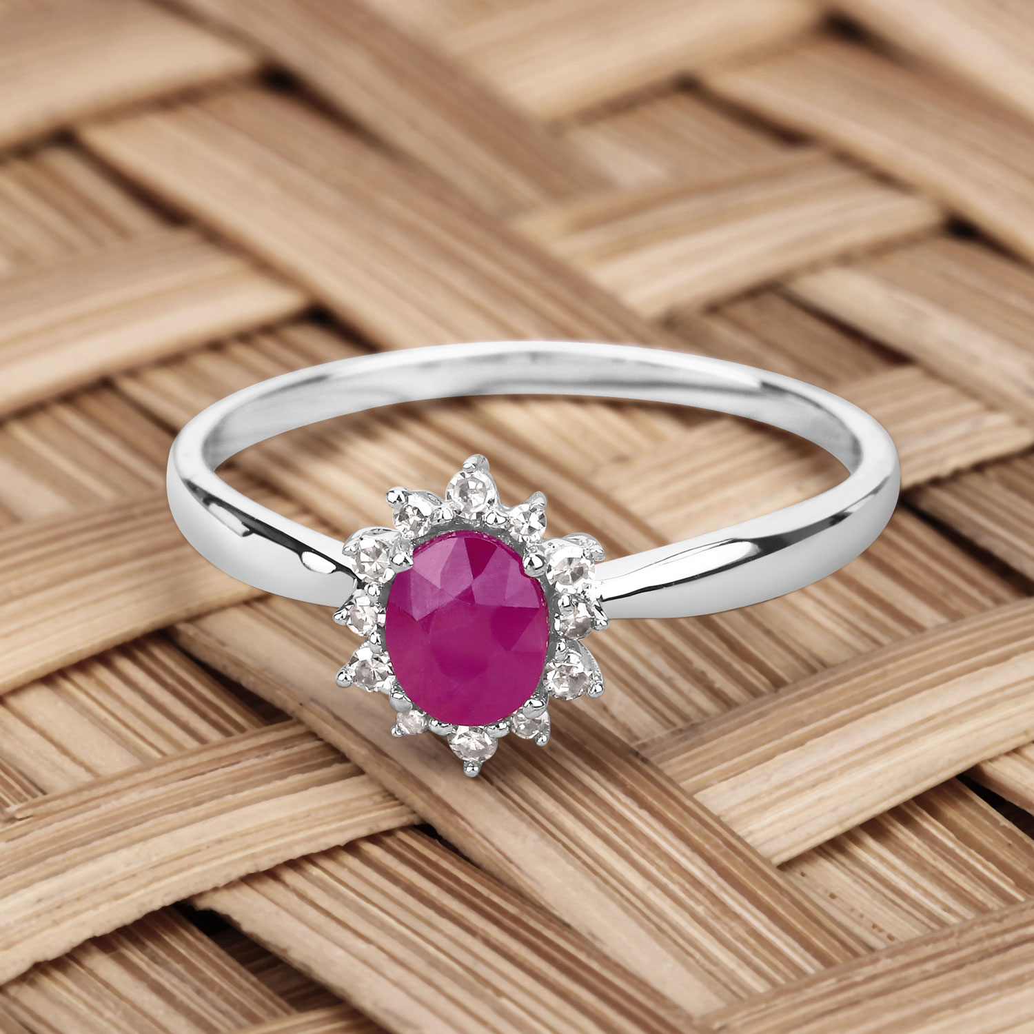 0.40 Carat Genuine Ruby and White Diamond 14K White Gold Ring