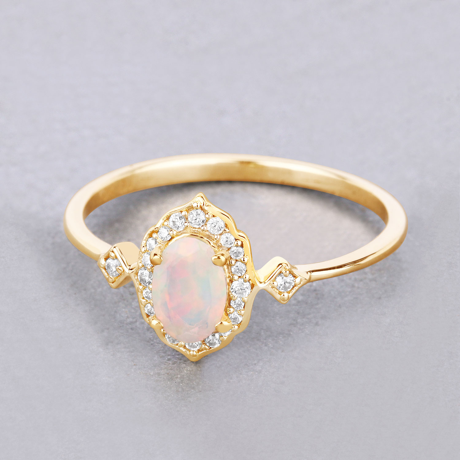 0.32 Carat Genuine Ethiopian Opal and White Diamond 10K Yellow Gold Ring
