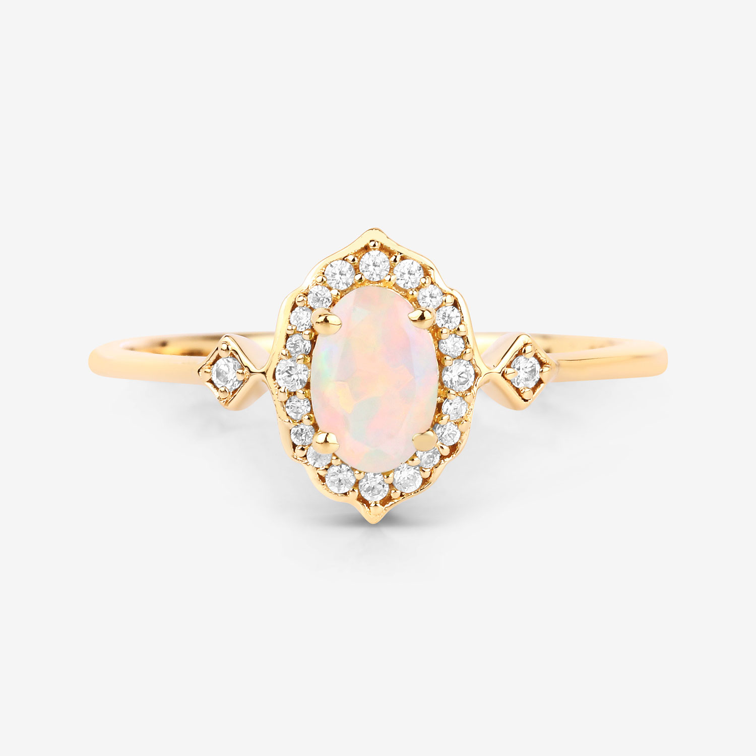 0.32 Carat Genuine Ethiopian Opal and White Diamond 10K Yellow Gold Ring