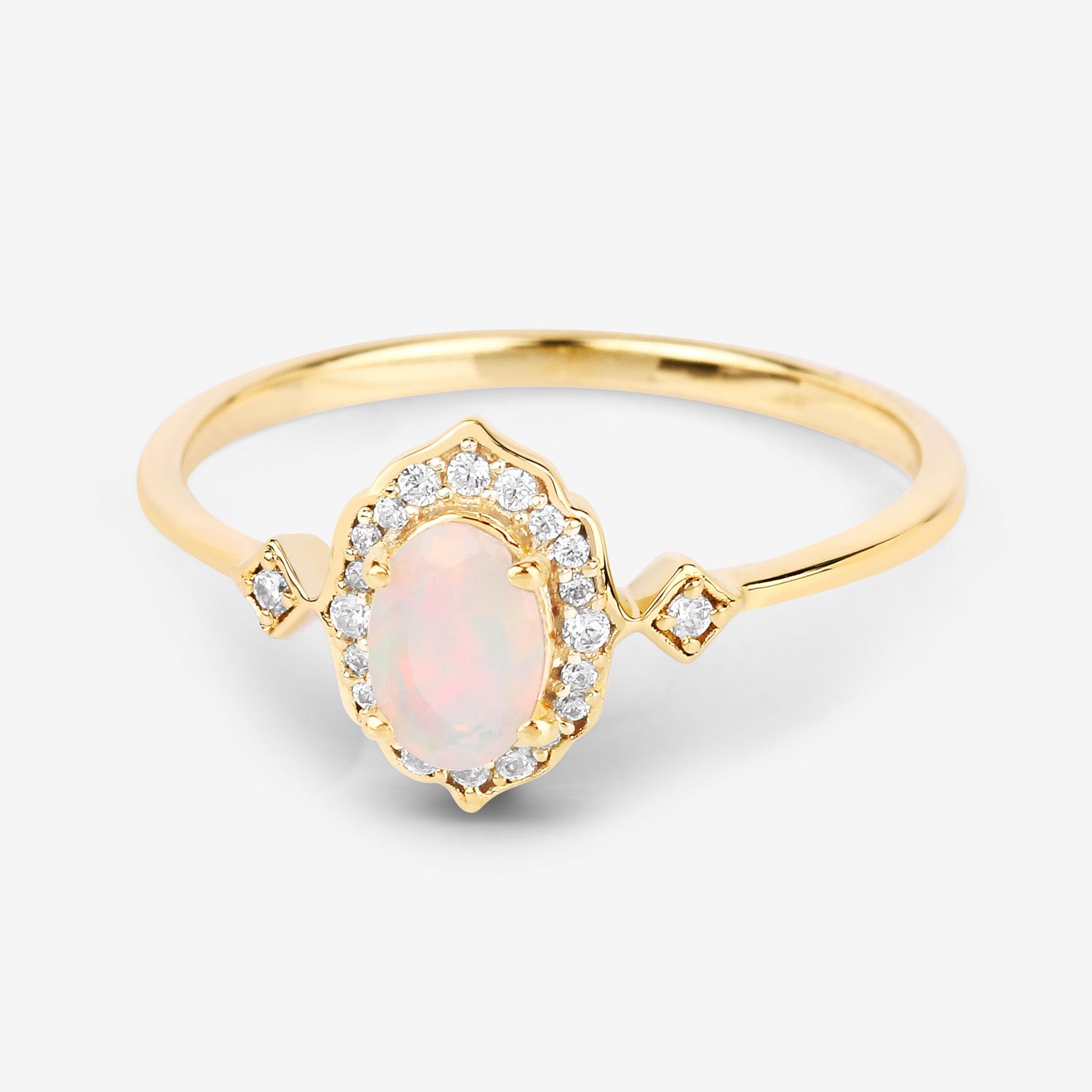 0.32 Carat Genuine Ethiopian Opal and White Diamond 10K Yellow Gold Ring