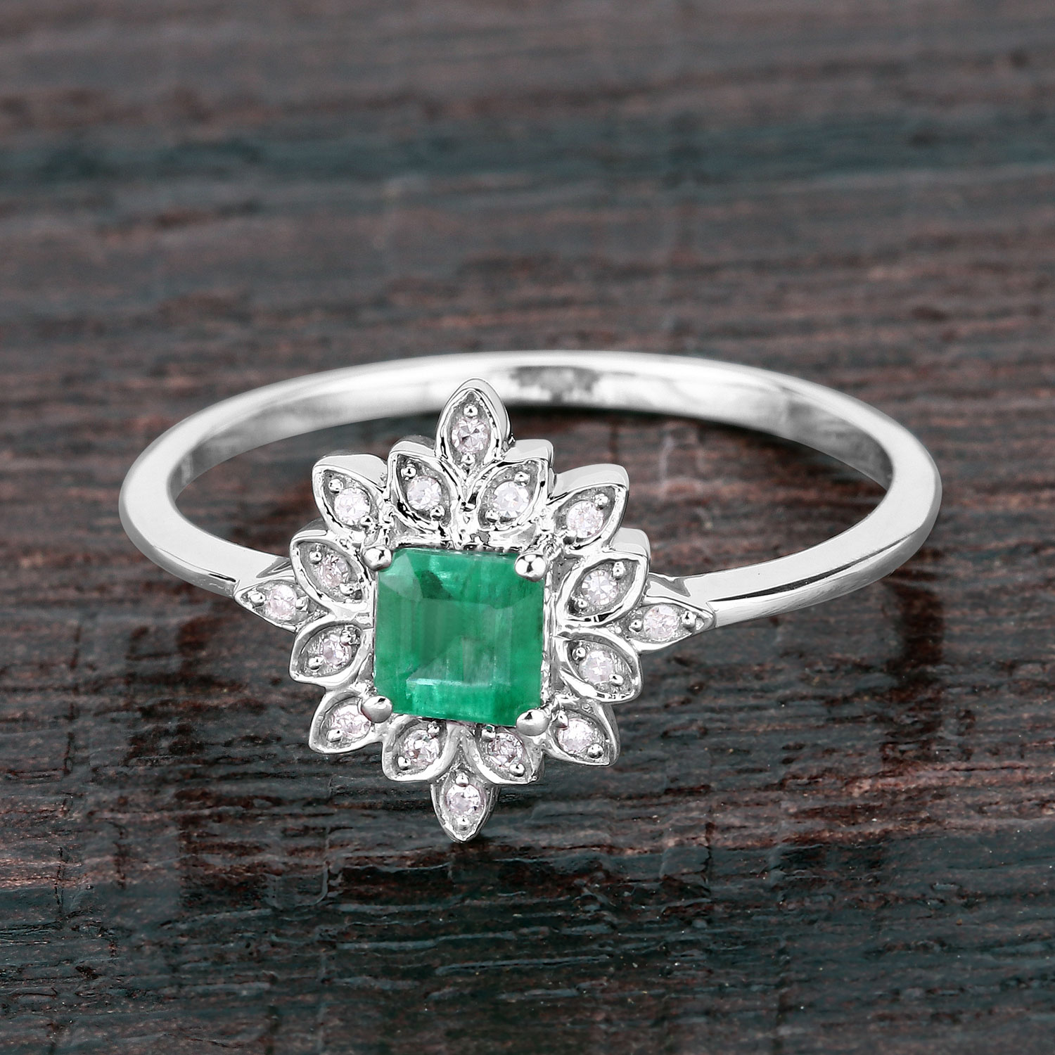 0.39 Carat Genuine Zambian Emerald and White Diamond 14K White Gold Ring