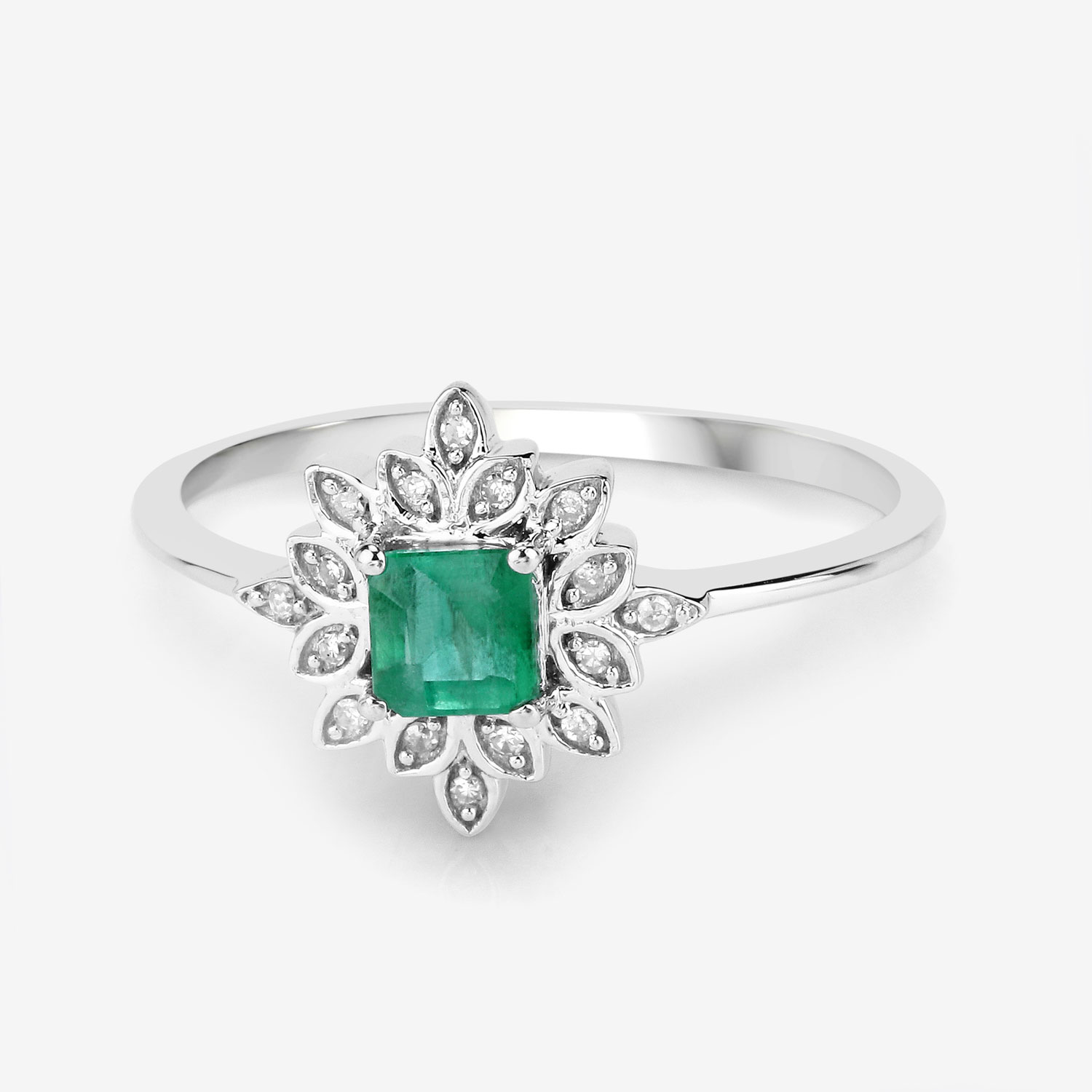 0.39 Carat Genuine Zambian Emerald and White Diamond 14K White Gold Ring