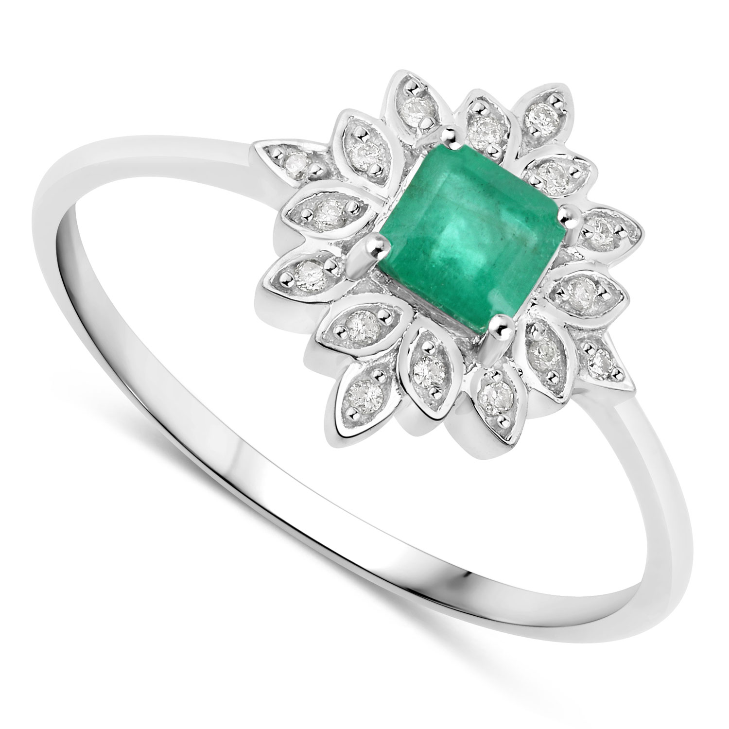 0.39 Carat Genuine Zambian Emerald and White Diamond 14K White Gold Ring