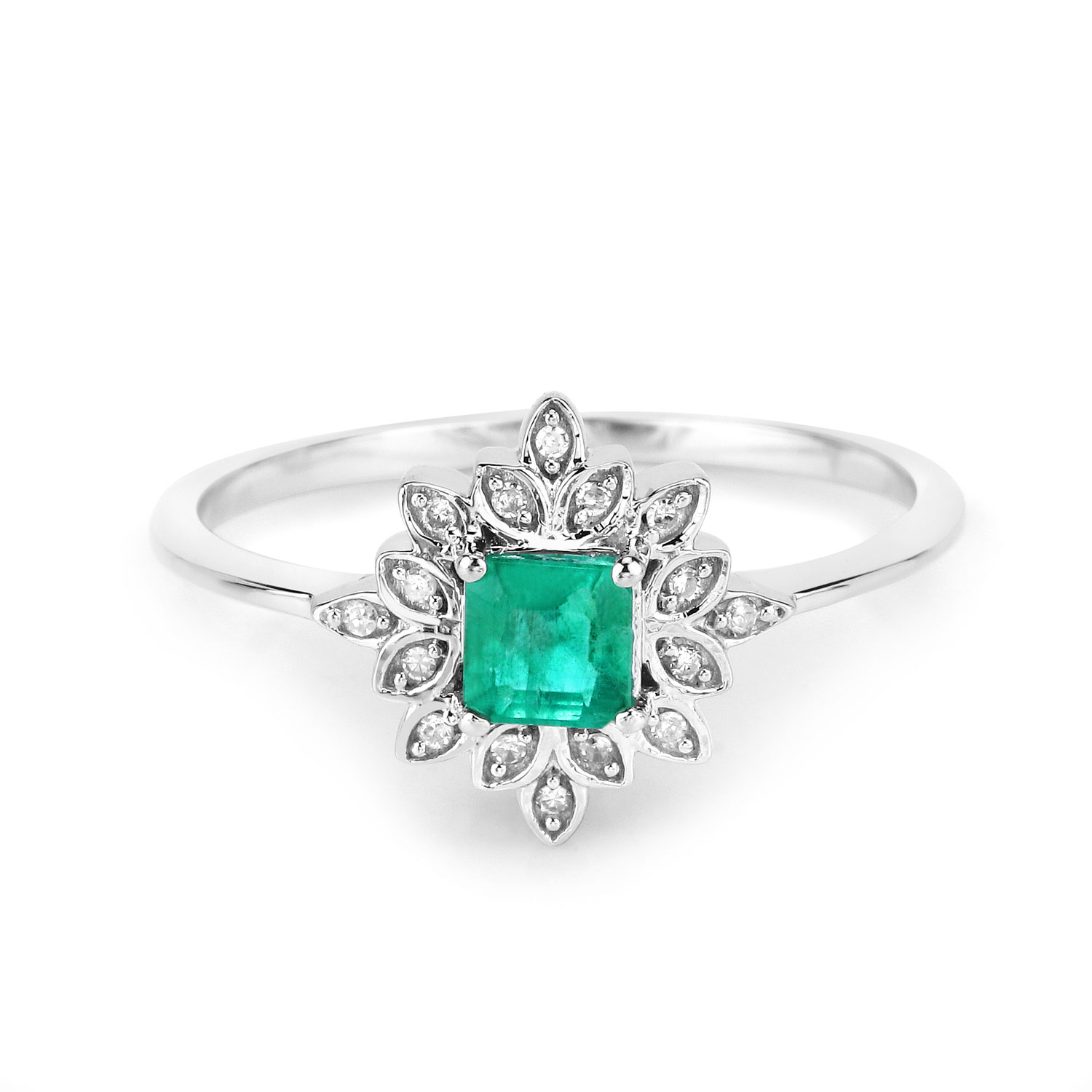 0.39 Carat Genuine Zambian Emerald and White Diamond 14K White Gold Ring