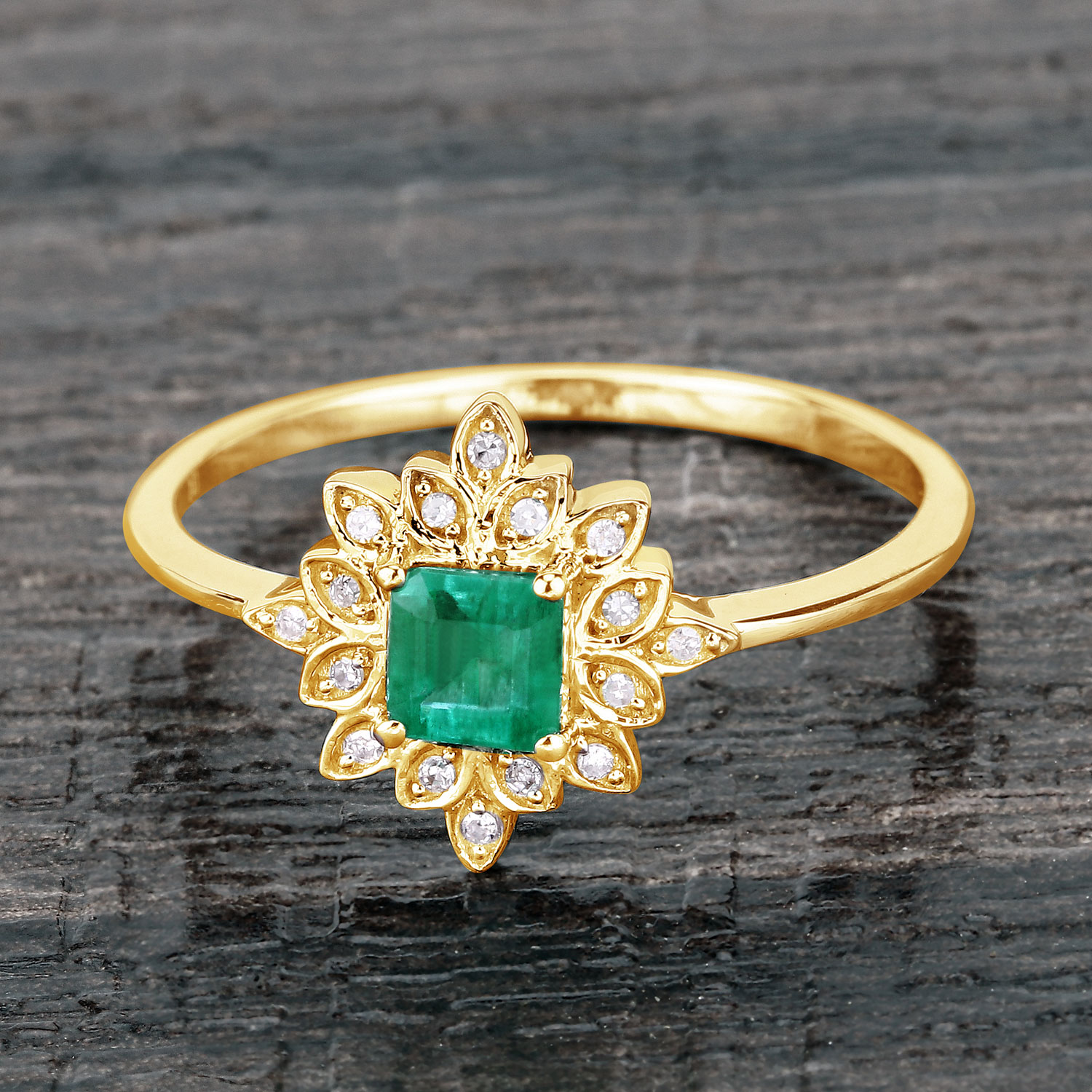 0.39 Carat Genuine Zambian Emerald and White Diamond 14K Yellow Gold Ring
