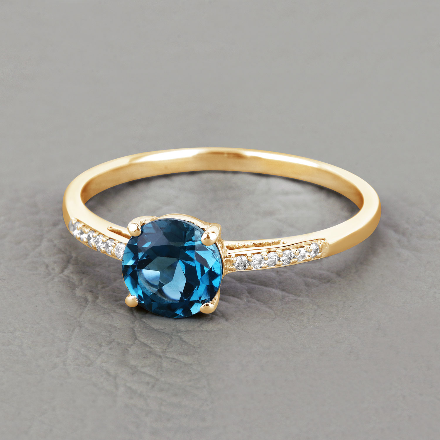 1.05 Carat Genuine London Blue Topaz and White Diamond 14K Yellow Gold Ring