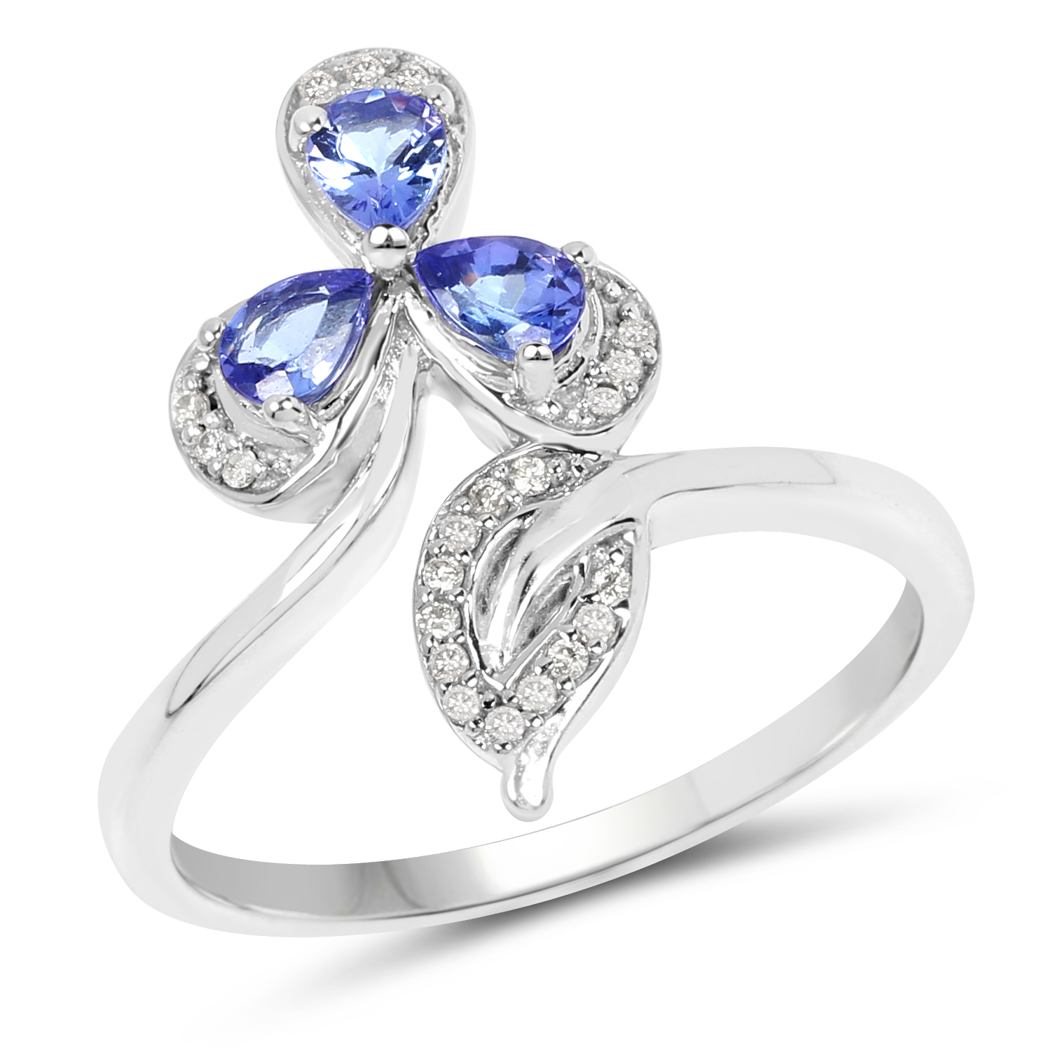 0.48 Carat Genuine Tanzanite and White Diamond 14K White Gold Ring