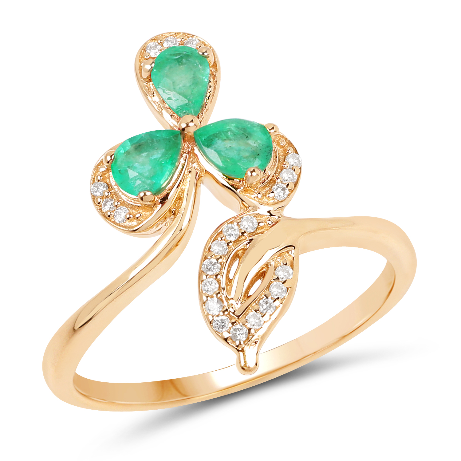 0.48 Carat Genuine Zambian Emerald and White Diamond 14K Yellow Gold Ring