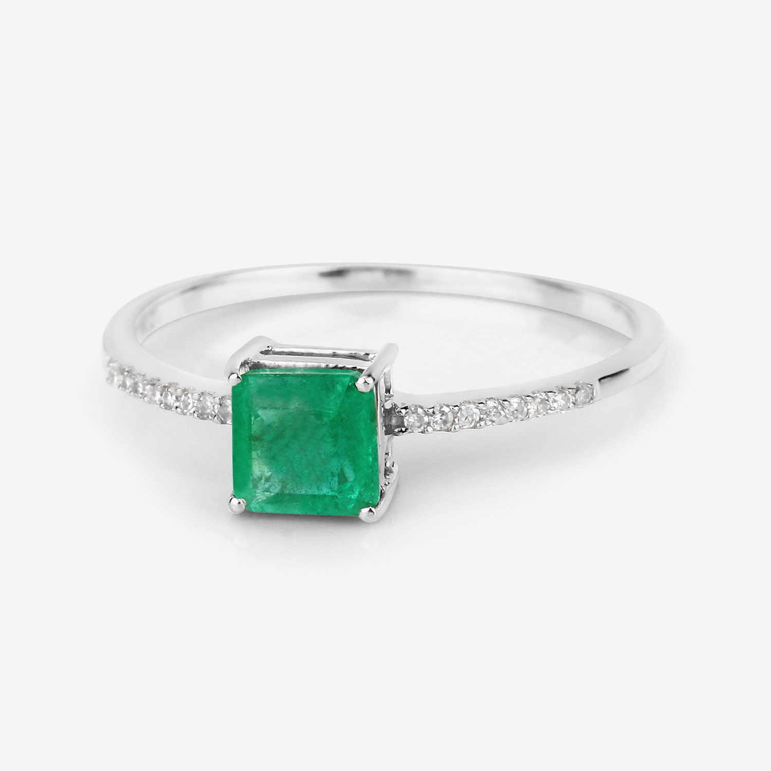 0.64 Carat Genuine Zambian Emerald and White Diamond 14K White Gold Ring