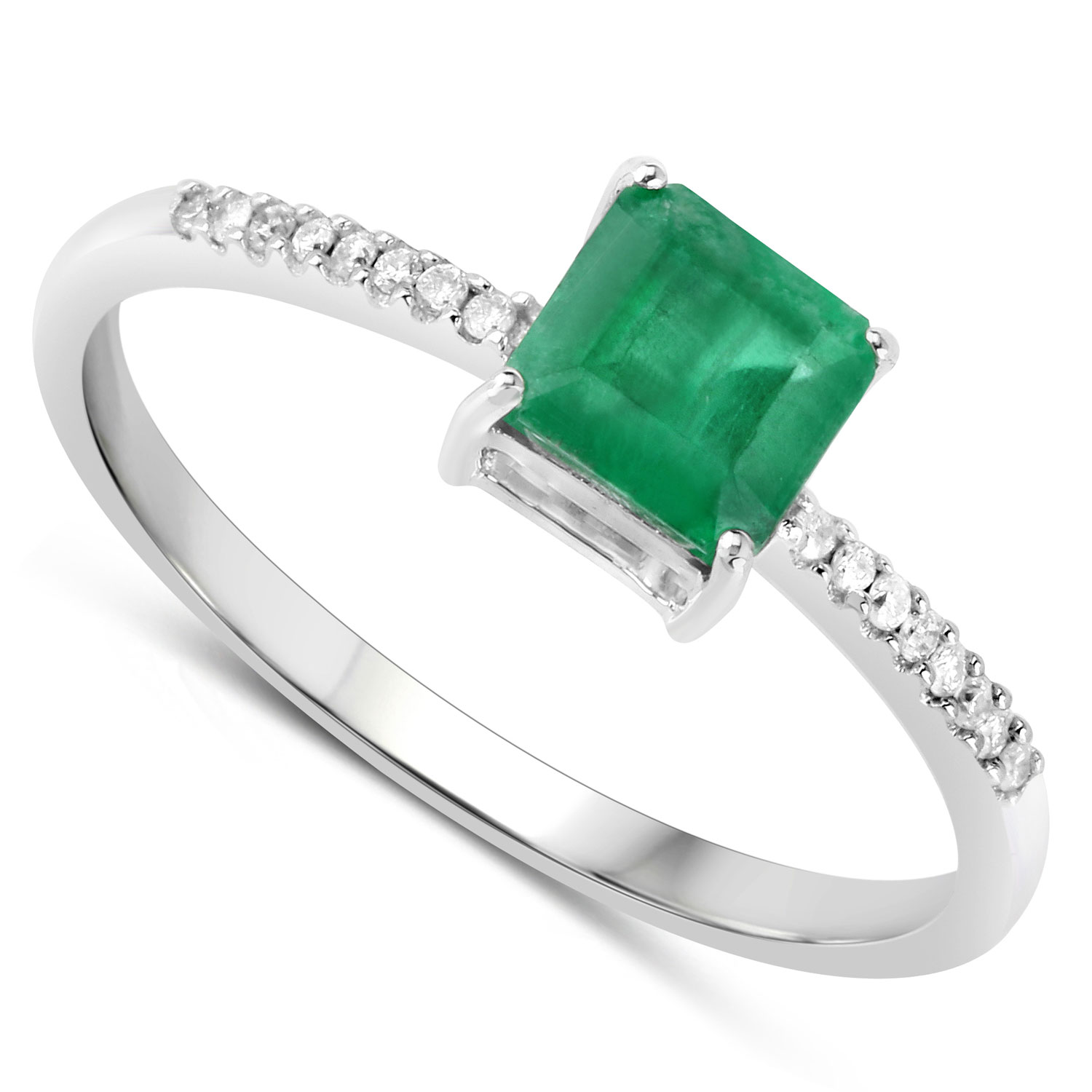0.64 Carat Genuine Zambian Emerald and White Diamond 14K White Gold Ring