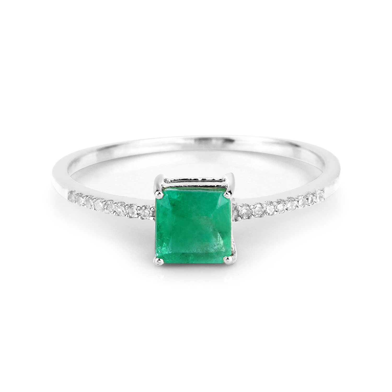 0.64 Carat Genuine Zambian Emerald and White Diamond 14K White Gold Ring