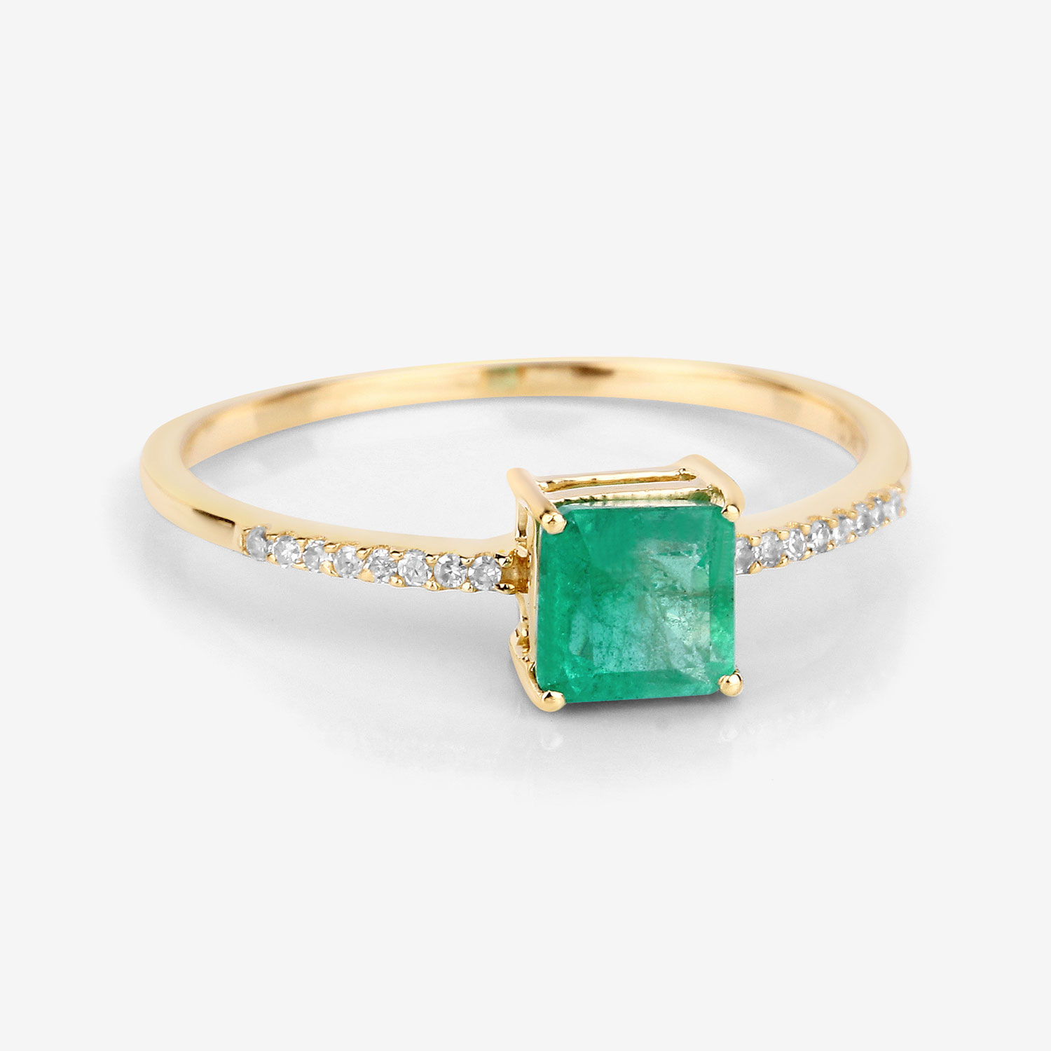 0.64 Carat Genuine Zambian Emerald and White Diamond 14K Yellow Gold Ring