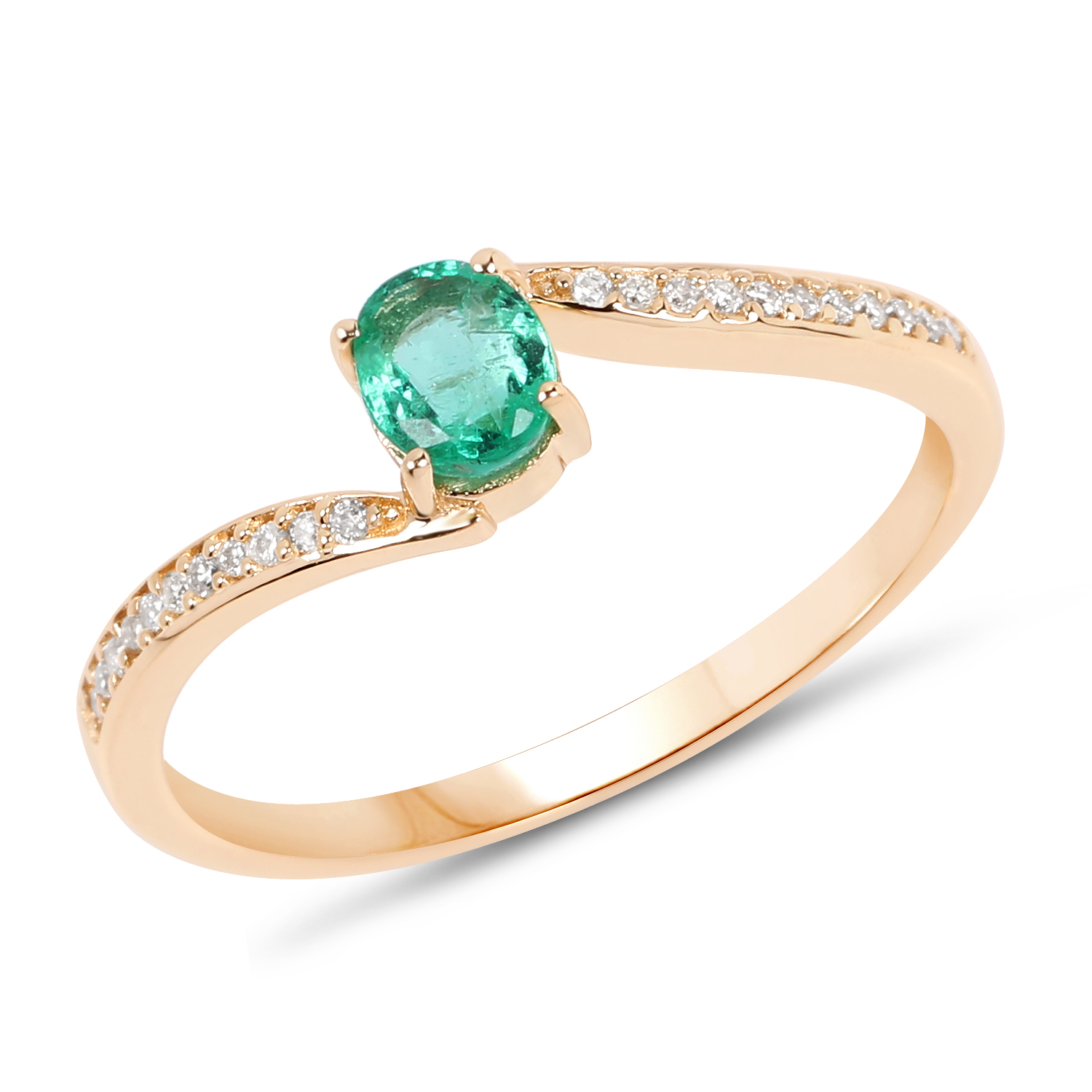 0.37 Carat Genuine Zambian Emerald and White Diamond 14K Yellow Gold Ring