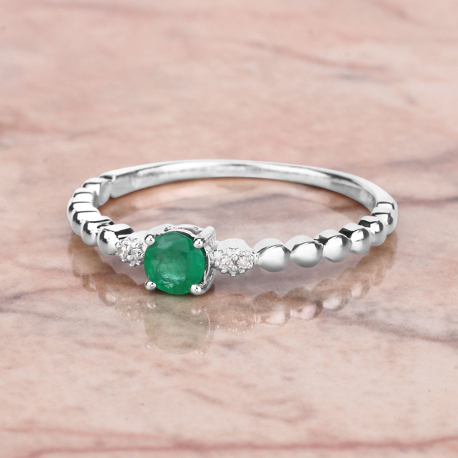 0.24 Carat Genuine Zambian Emerald and White Diamond 14K White Gold Ring