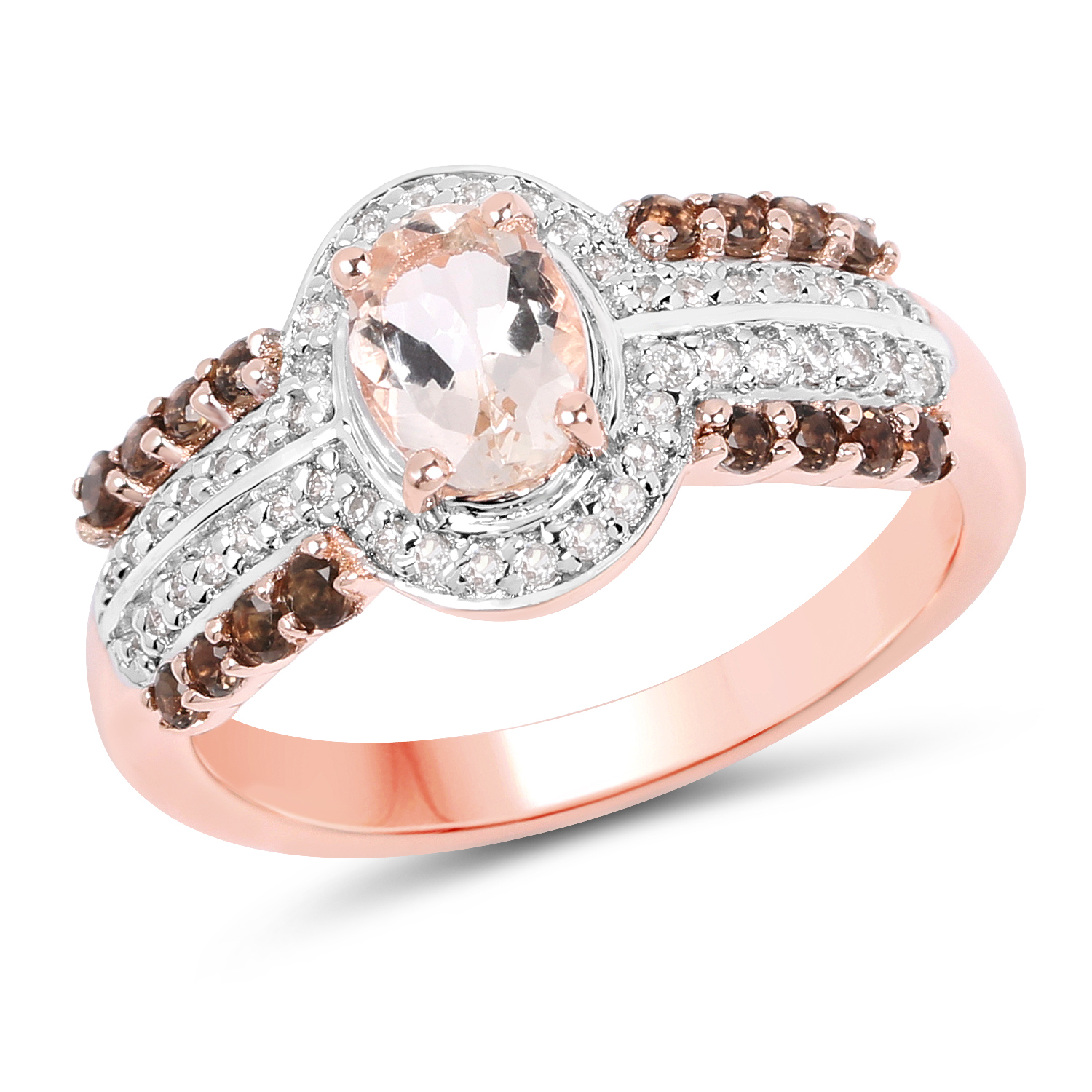18K Rose Gold Plated 1.22 Carat Genuine Morganite, Smoky Quartz and White Zircon .925 Sterling Silver Ring
