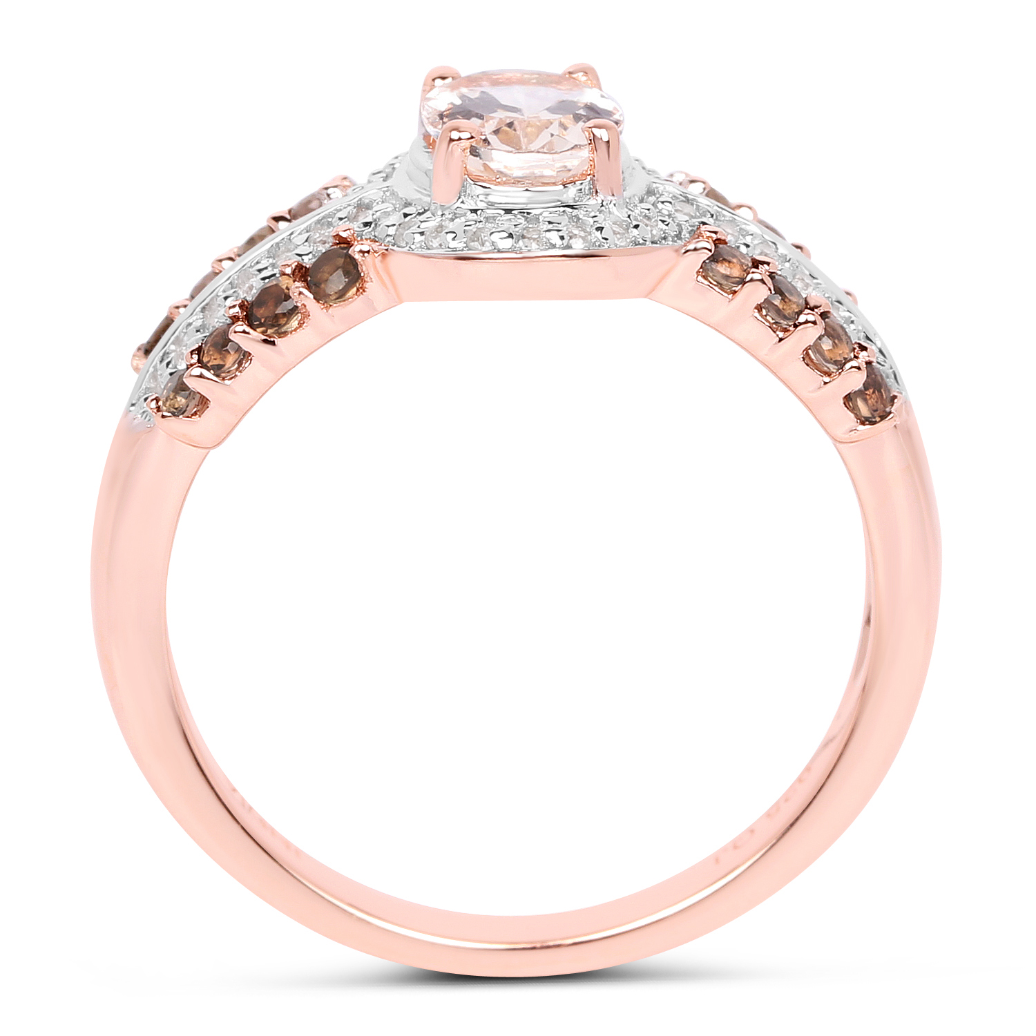 18K Rose Gold Plated 1.22 Carat Genuine Morganite, Smoky Quartz and White Zircon .925 Sterling Silver Ring