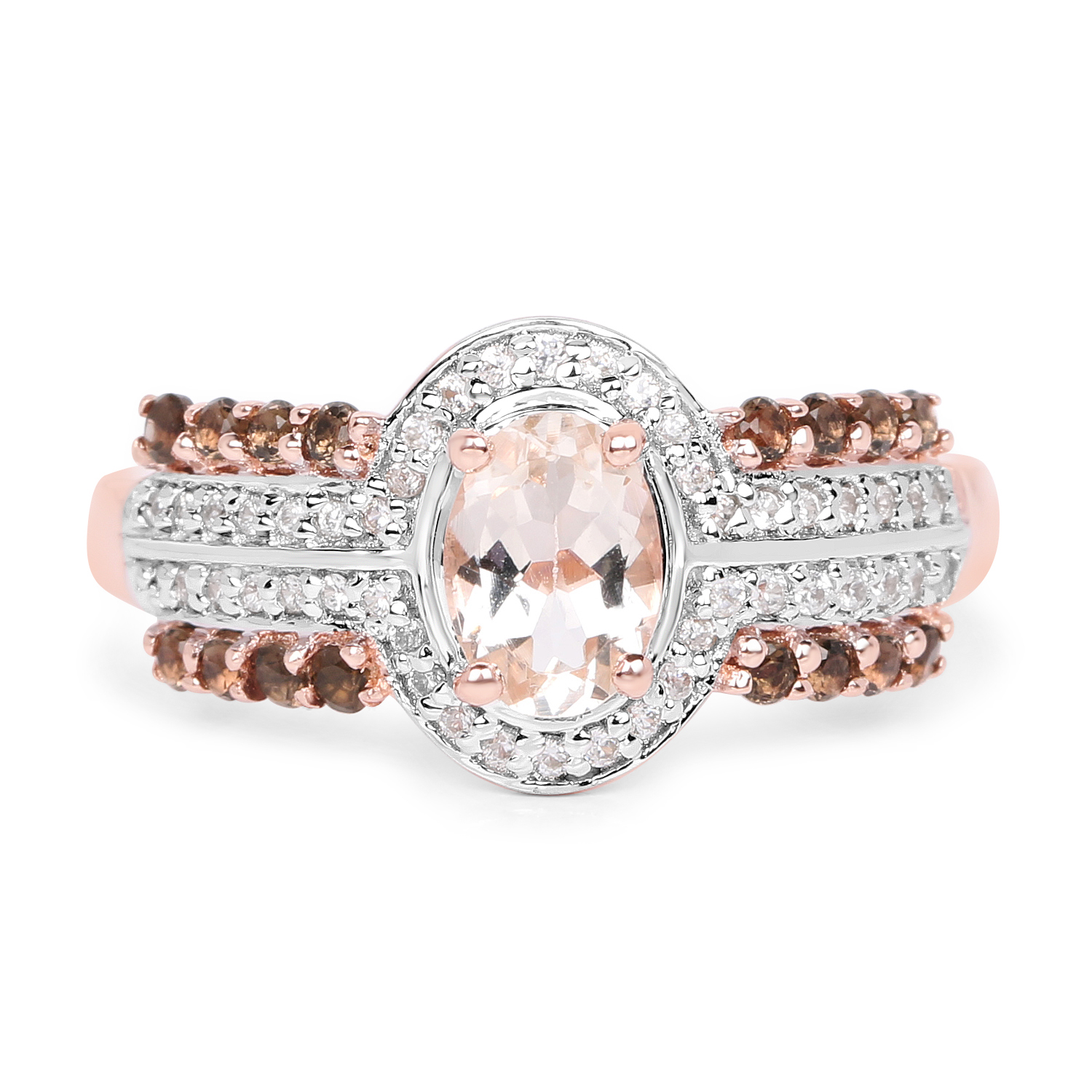 18K Rose Gold Plated 1.22 Carat Genuine Morganite, Smoky Quartz and White Zircon .925 Sterling Silver Ring