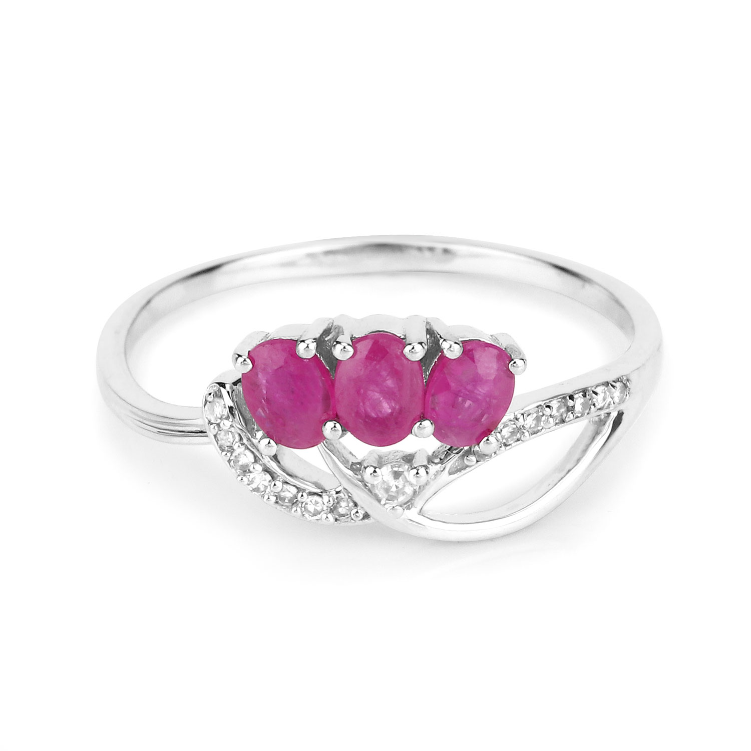 0.71 Carat Genuine Ruby and White Diamond 14K White Gold Ring