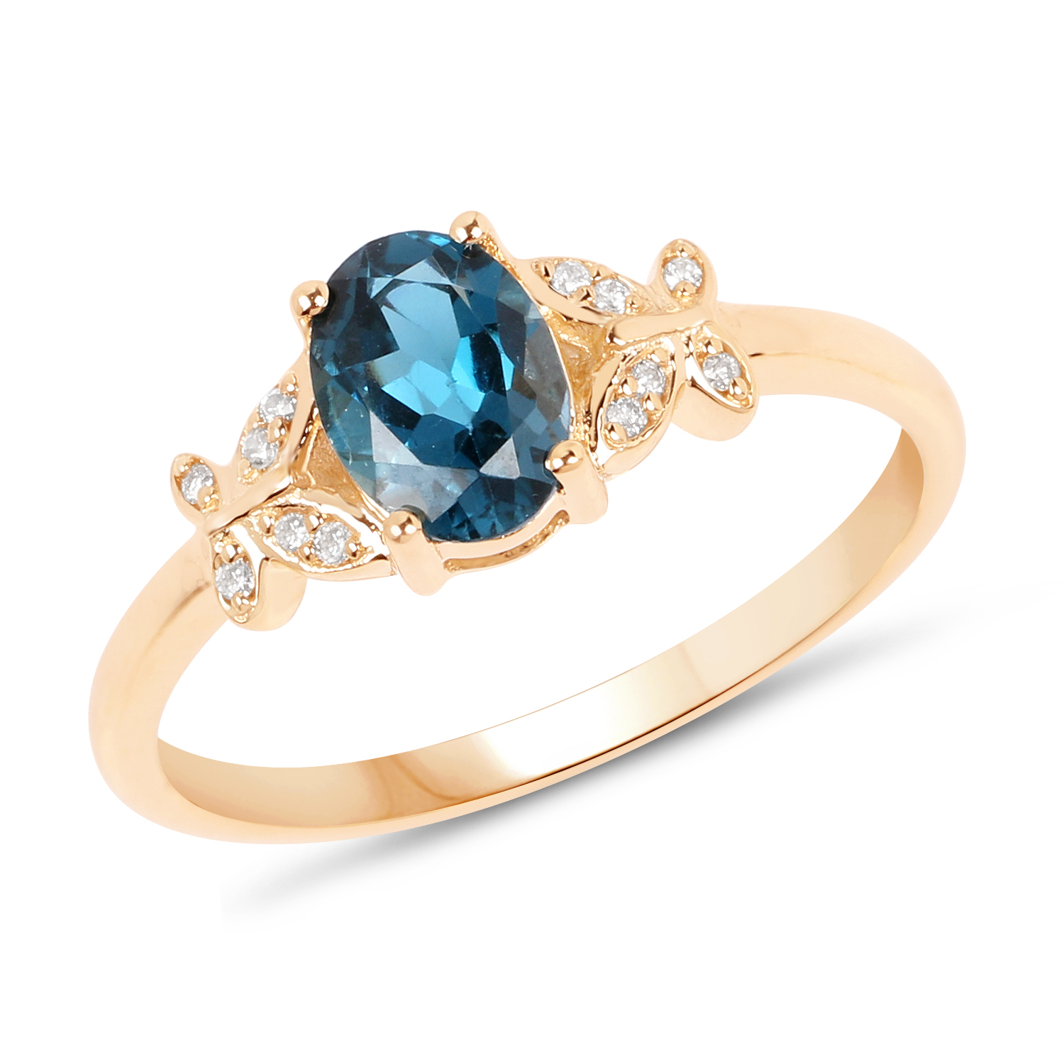 0.94 Carat Genuine London Blue Topaz and White Diamond 14K Yellow Gold Ring