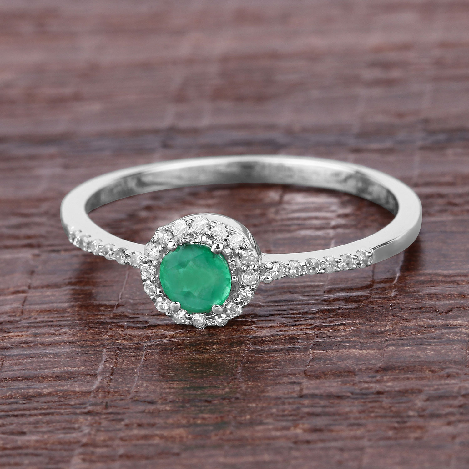 0.34 Carat Genuine Zambian Emerald and White Diamond 14K White Gold Ring