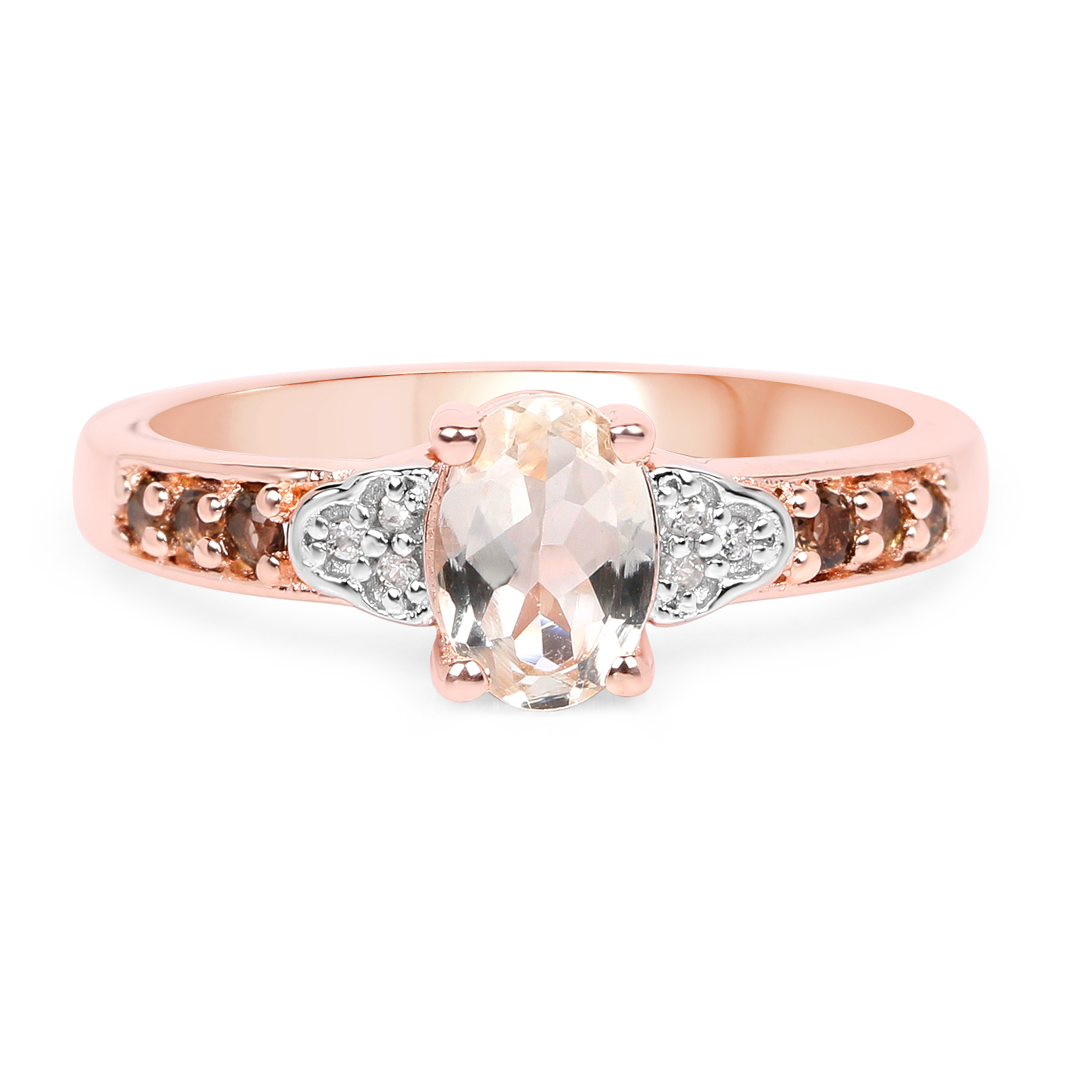 18K Rose Gold Plated 0.87 Carat Genuine Morganite, Smoky Quartz and White Zircon .925 Sterling Silver Ring