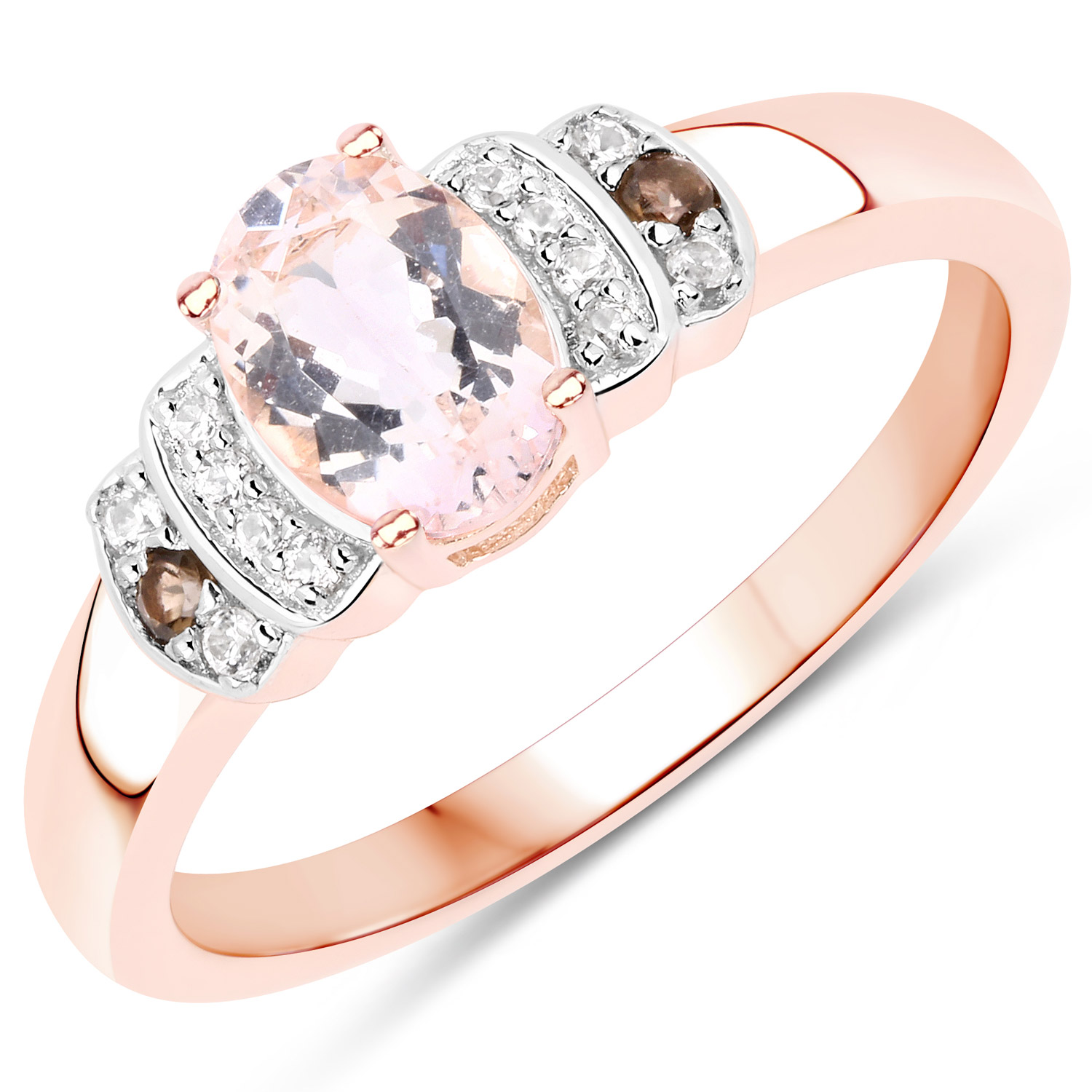 18K Rose Gold Plated 0.81 Carat Genuine Morganite, Smoky Quartz and White Zircon .925 Sterling Silver Ring
