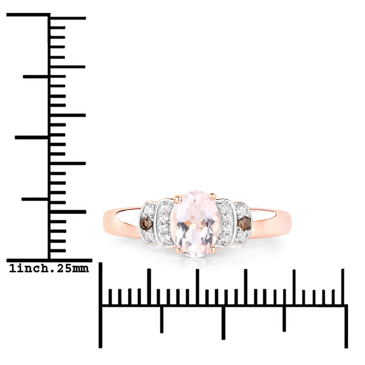 18K Rose Gold Plated 0.81 Carat Genuine Morganite, Smoky Quartz and White Zircon .925 Sterling Silver Ring