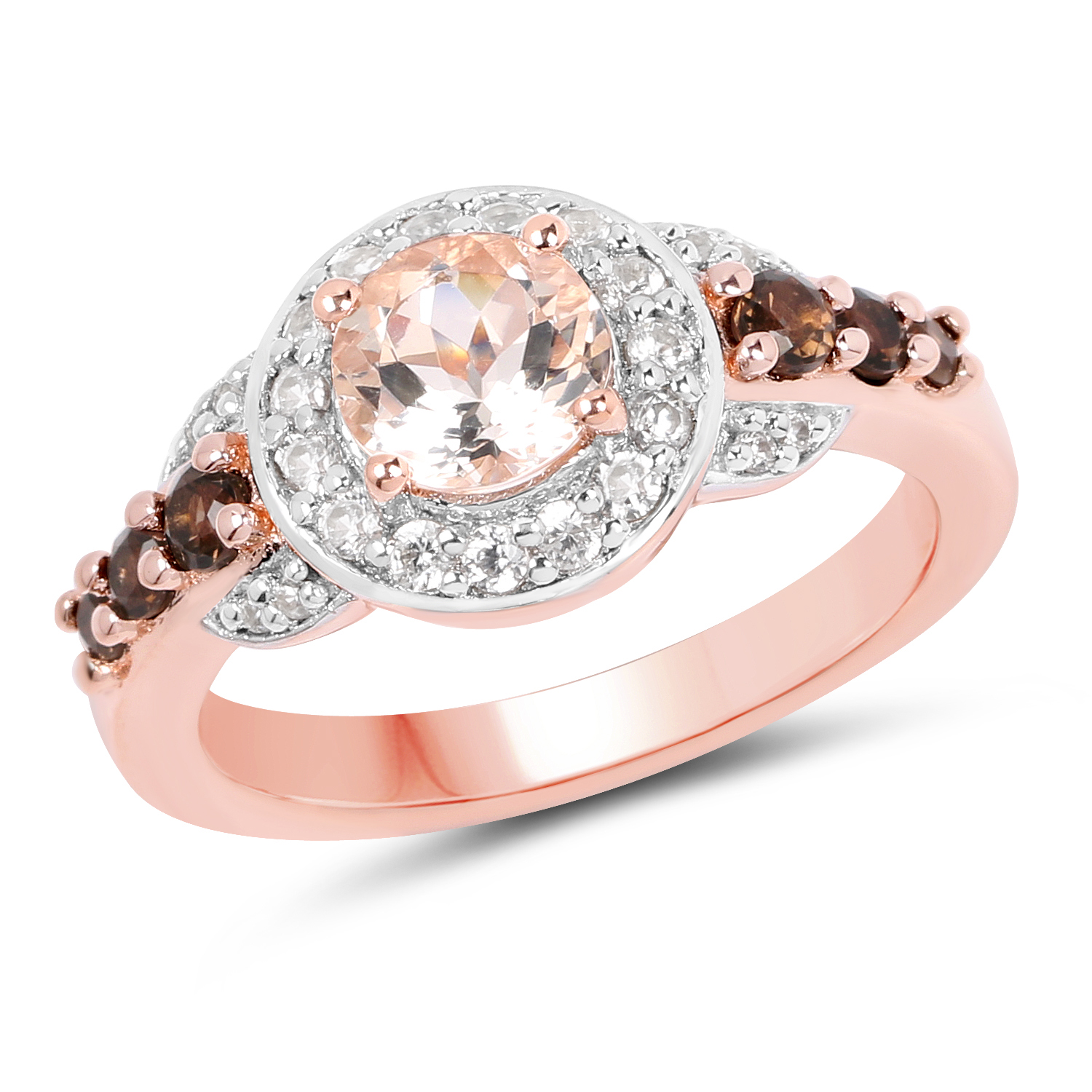 18K Rose Gold Plated 1.49 Carat Genuine Morganite, Smoky Quartz and White Zircon .925 Sterling Silver Ring