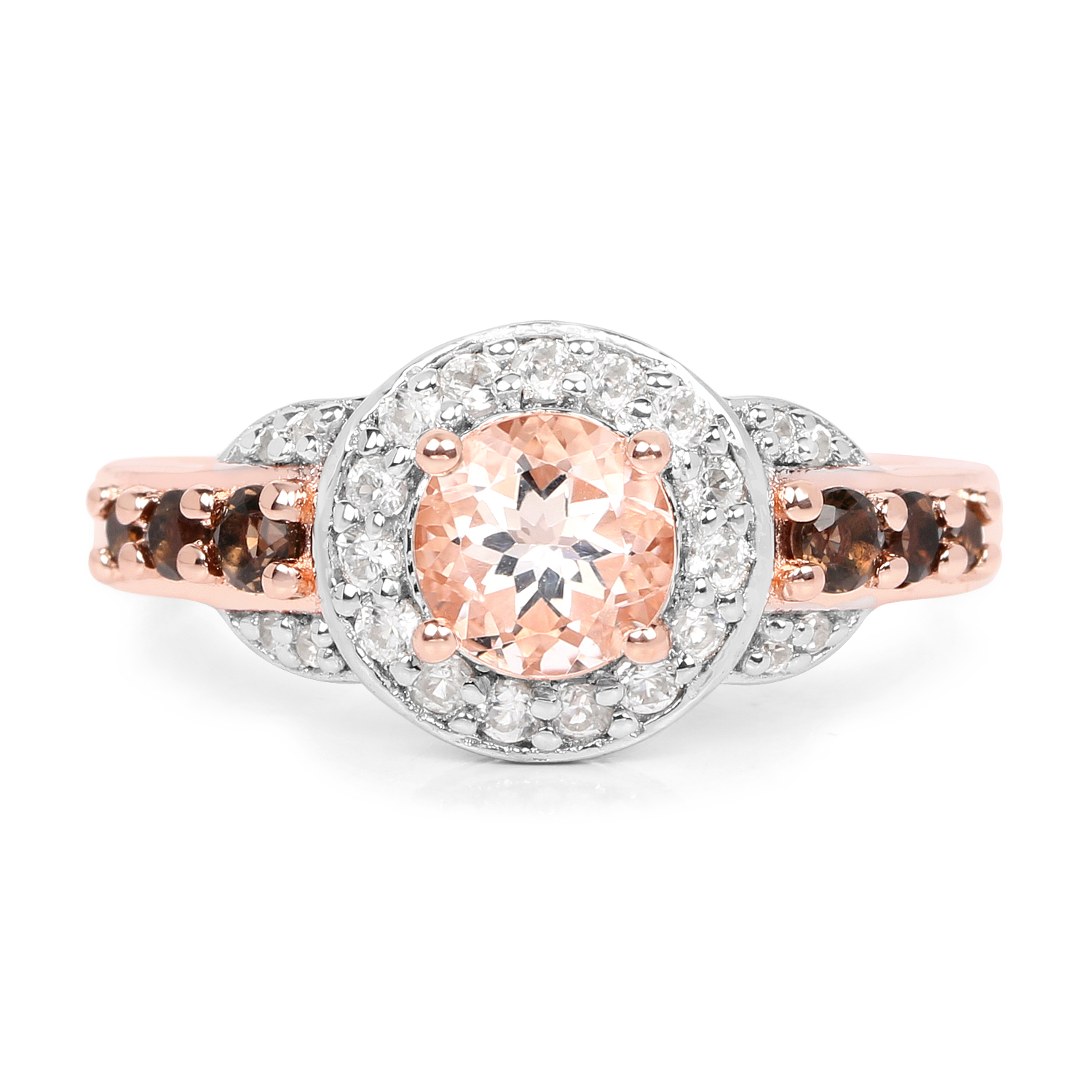 18K Rose Gold Plated 1.49 Carat Genuine Morganite, Smoky Quartz and White Zircon .925 Sterling Silver Ring