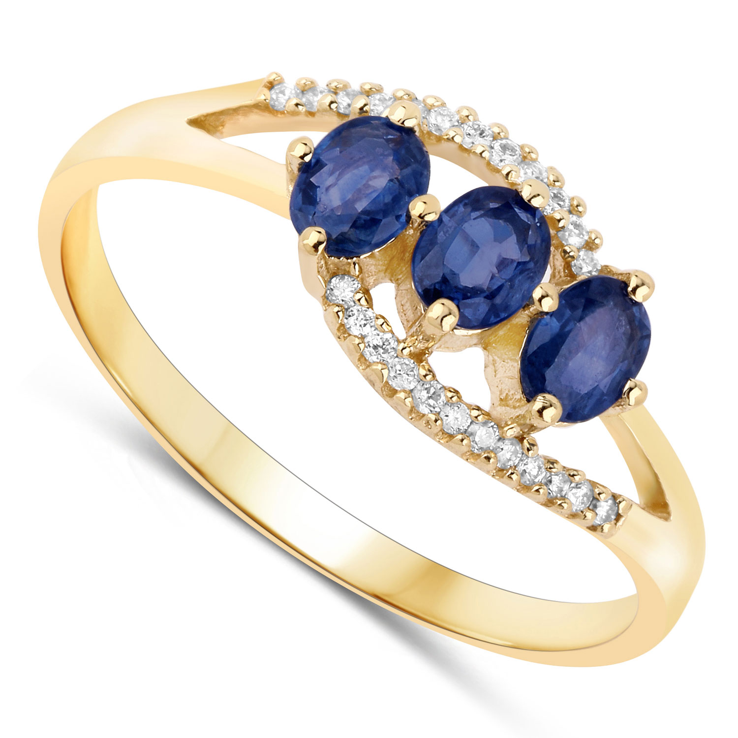 0.73 Carat Genuine Blue Sapphire and White Diamond 14K Yellow Gold Ring