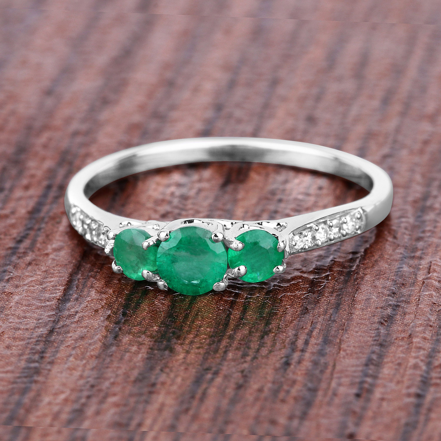 0.48 Carat Genuine Zambian Emerald and White Diamond 14K White Gold Ring