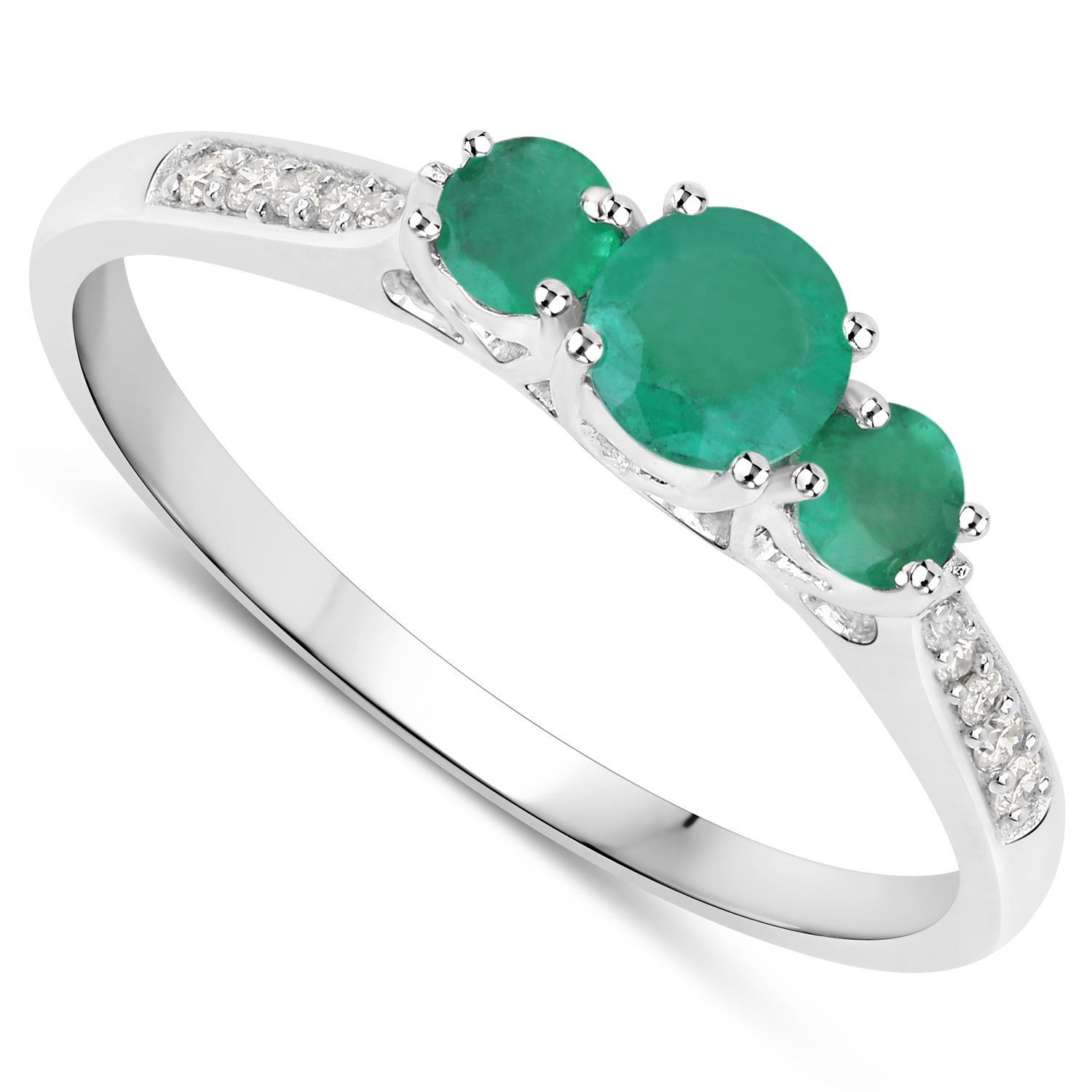 0.48 Carat Genuine Zambian Emerald and White Diamond 14K White Gold Ring