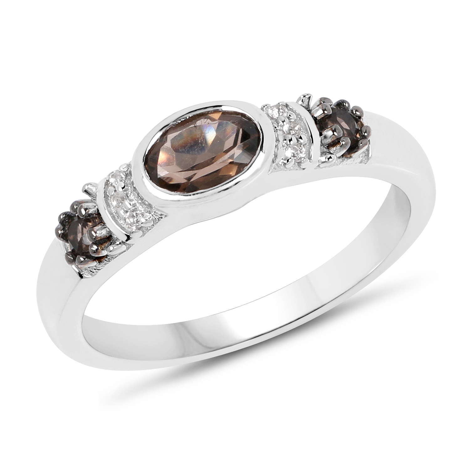 0.56 Carat Genuine Smoky Quartz and White Topaz .925 Sterling Silver Ring