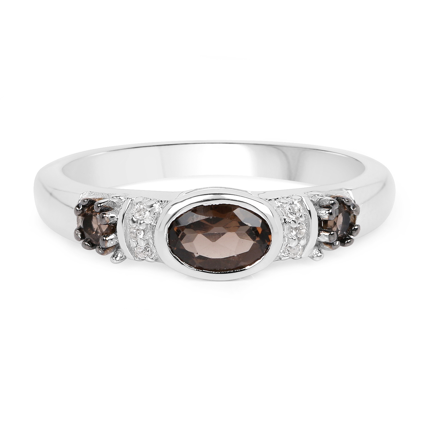 0.56 Carat Genuine Smoky Quartz and White Topaz .925 Sterling Silver Ring