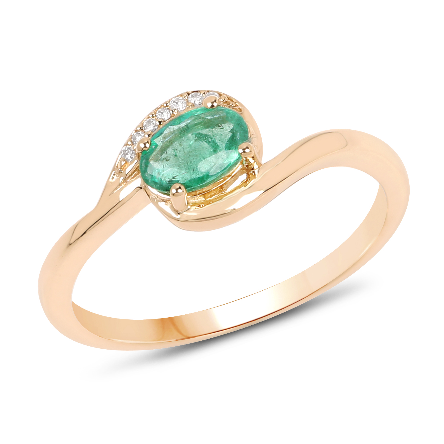 0.46 Carat Genuine Zambian Emerald and White Diamond 14K Yellow Gold Ring