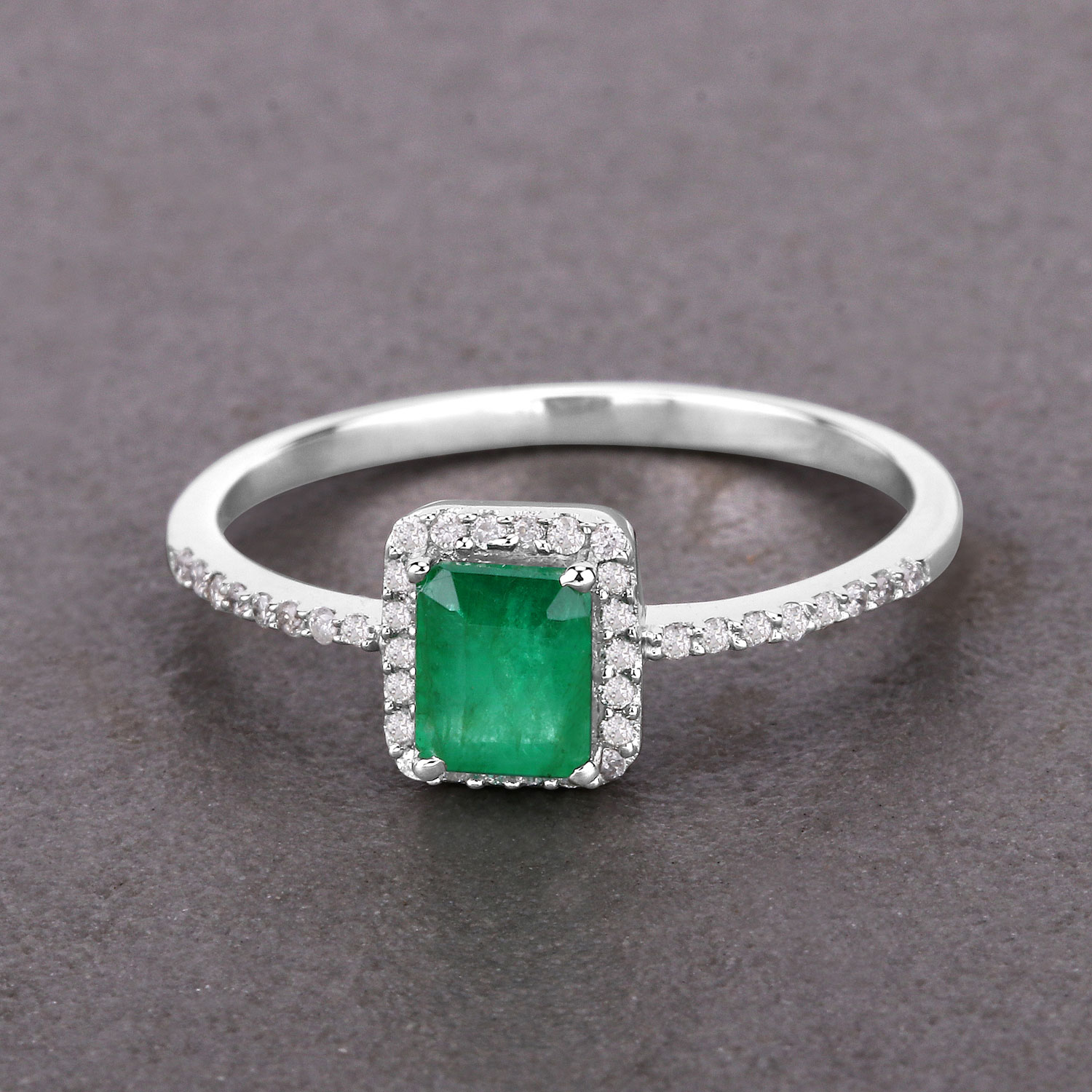 0.60 Carat Genuine Zambian Emerald and White Diamond 14K White Gold Ring