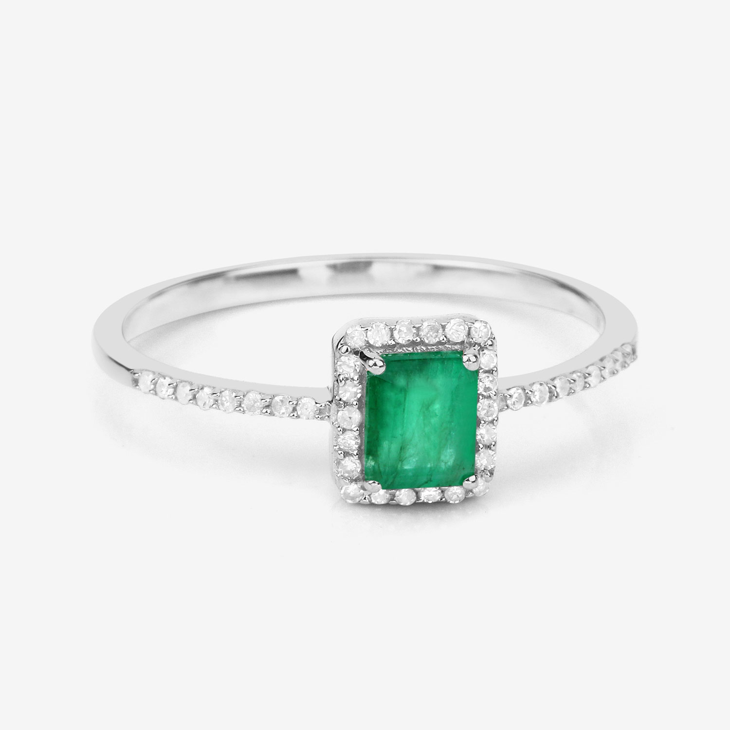 0.60 Carat Genuine Zambian Emerald and White Diamond 14K White Gold Ring
