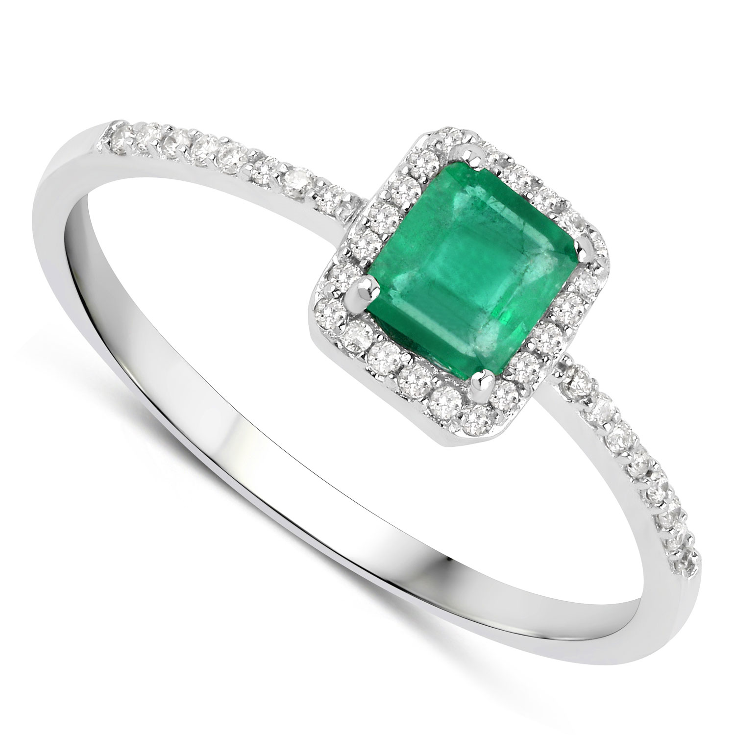 0.60 Carat Genuine Zambian Emerald and White Diamond 14K White Gold Ring