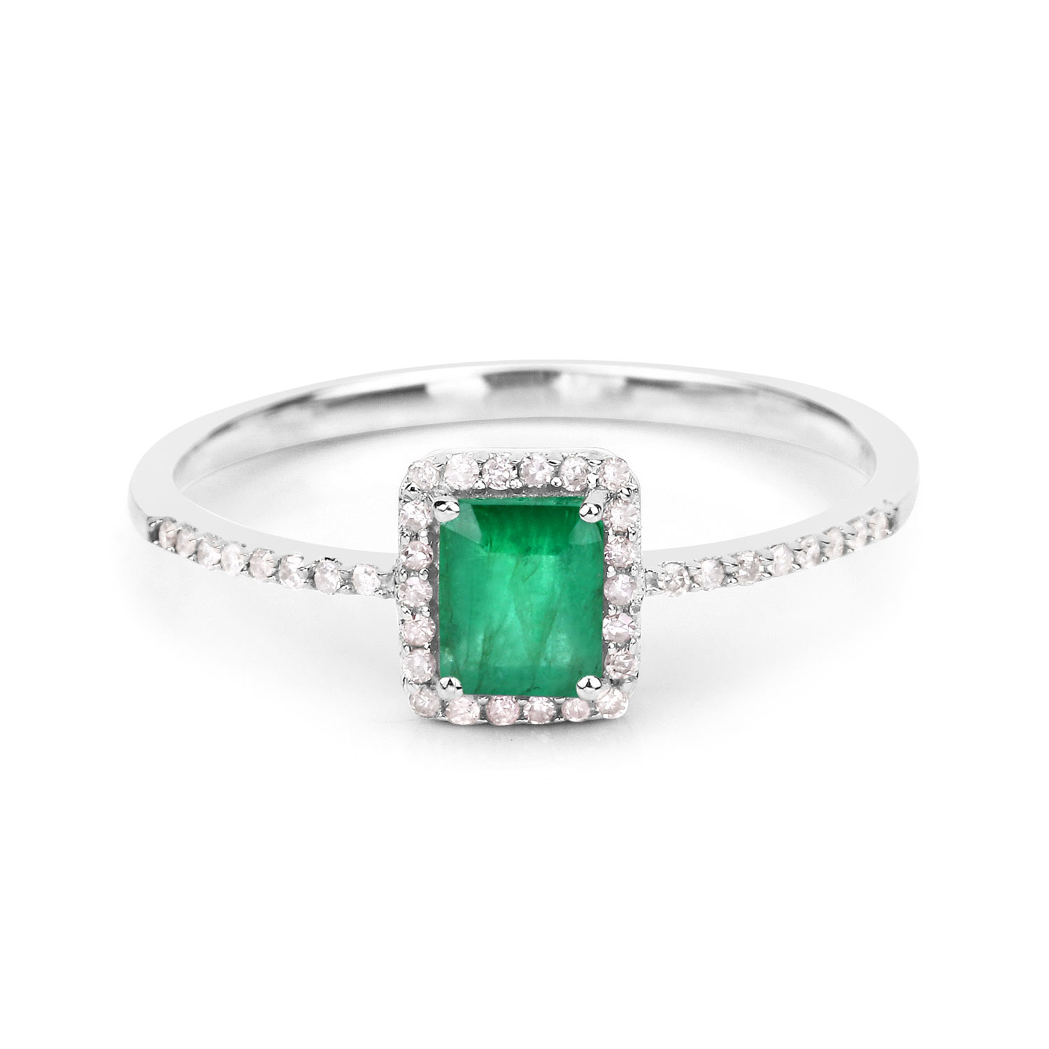 0.60 Carat Genuine Zambian Emerald and White Diamond 14K White Gold Ring