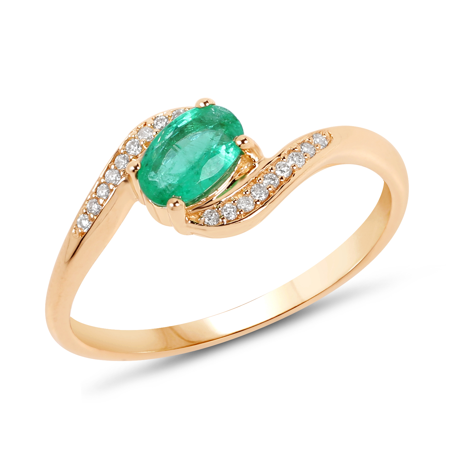 0.49 Carat Genuine Zambian Emerald and White Diamond 14K Yellow Gold Ring